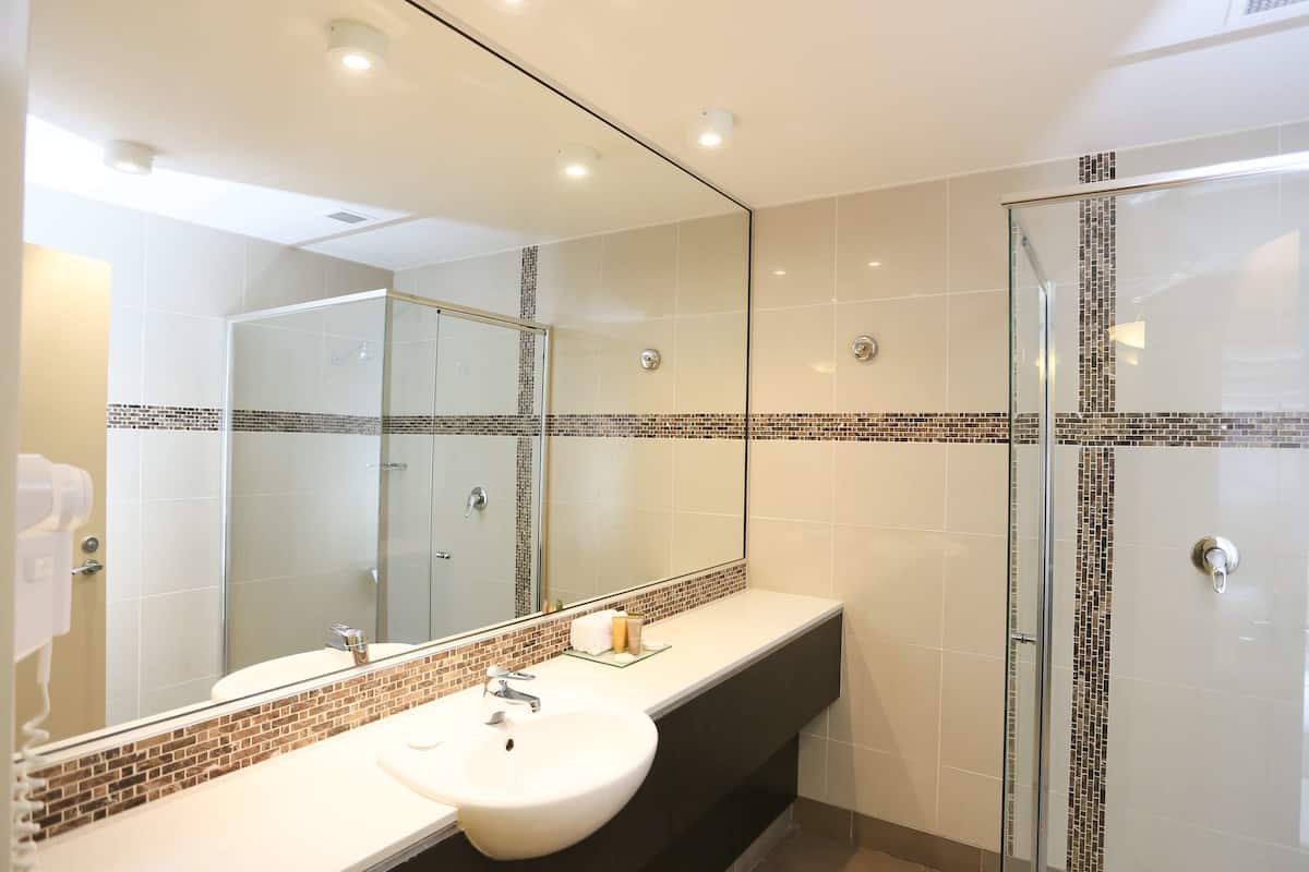 shower, free toiletries, hair dryer, towels