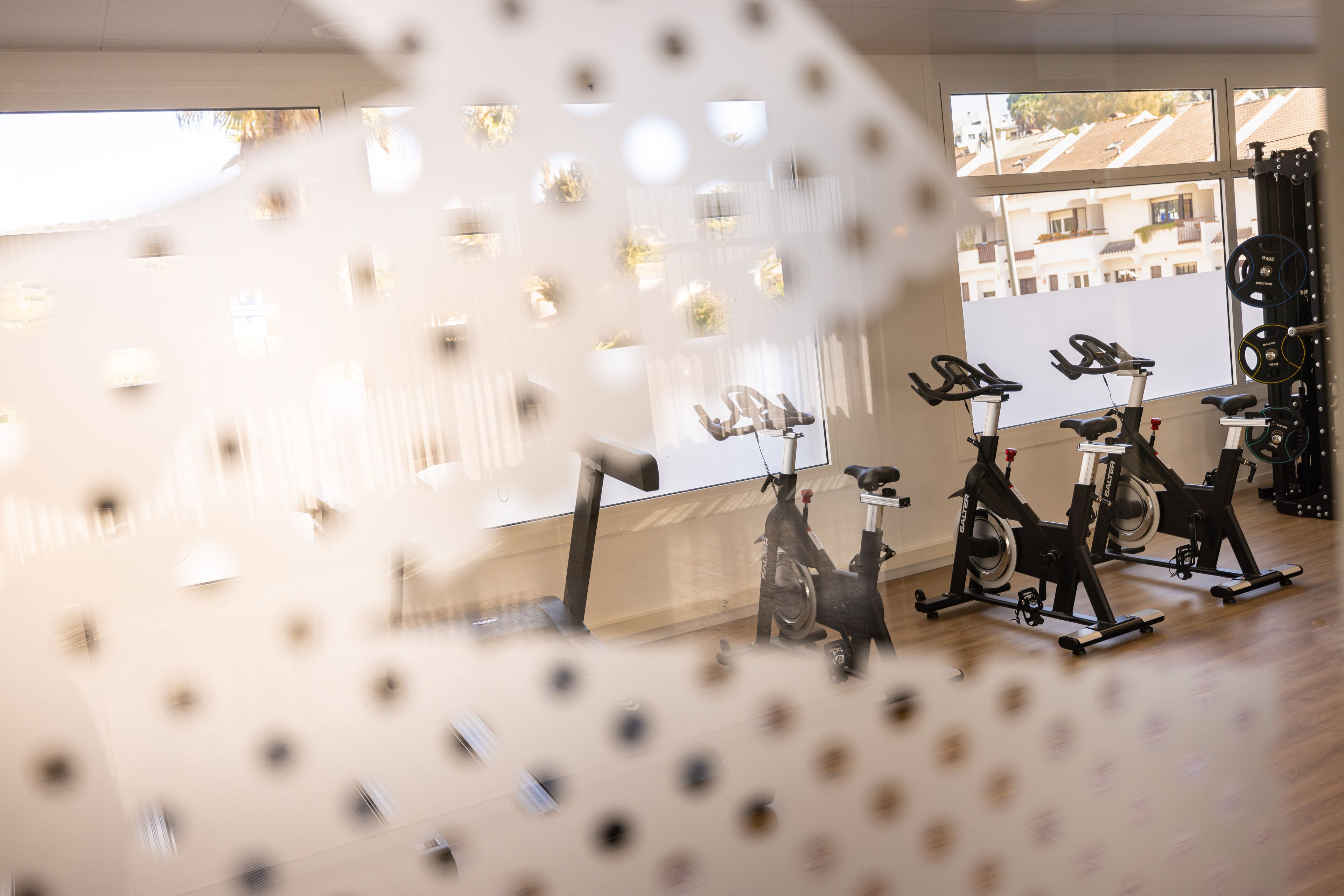 A gym with stationary bikes and a weight machine.