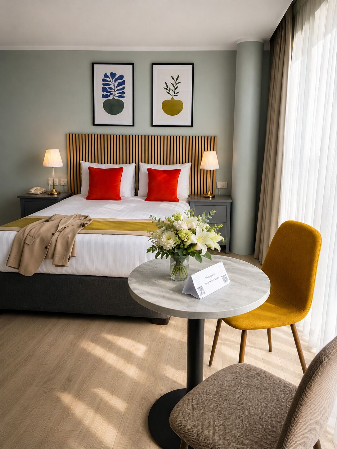 Et hotelværelse med en seng, to sengeborde med lamper, et rundt bord med en vase med blomster og en stol.