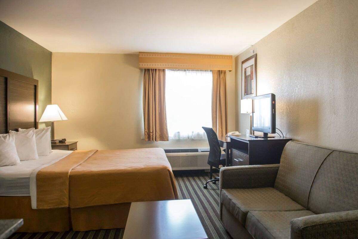 A hotel room with a bed, a desk, a chair, a sofa, and a television.