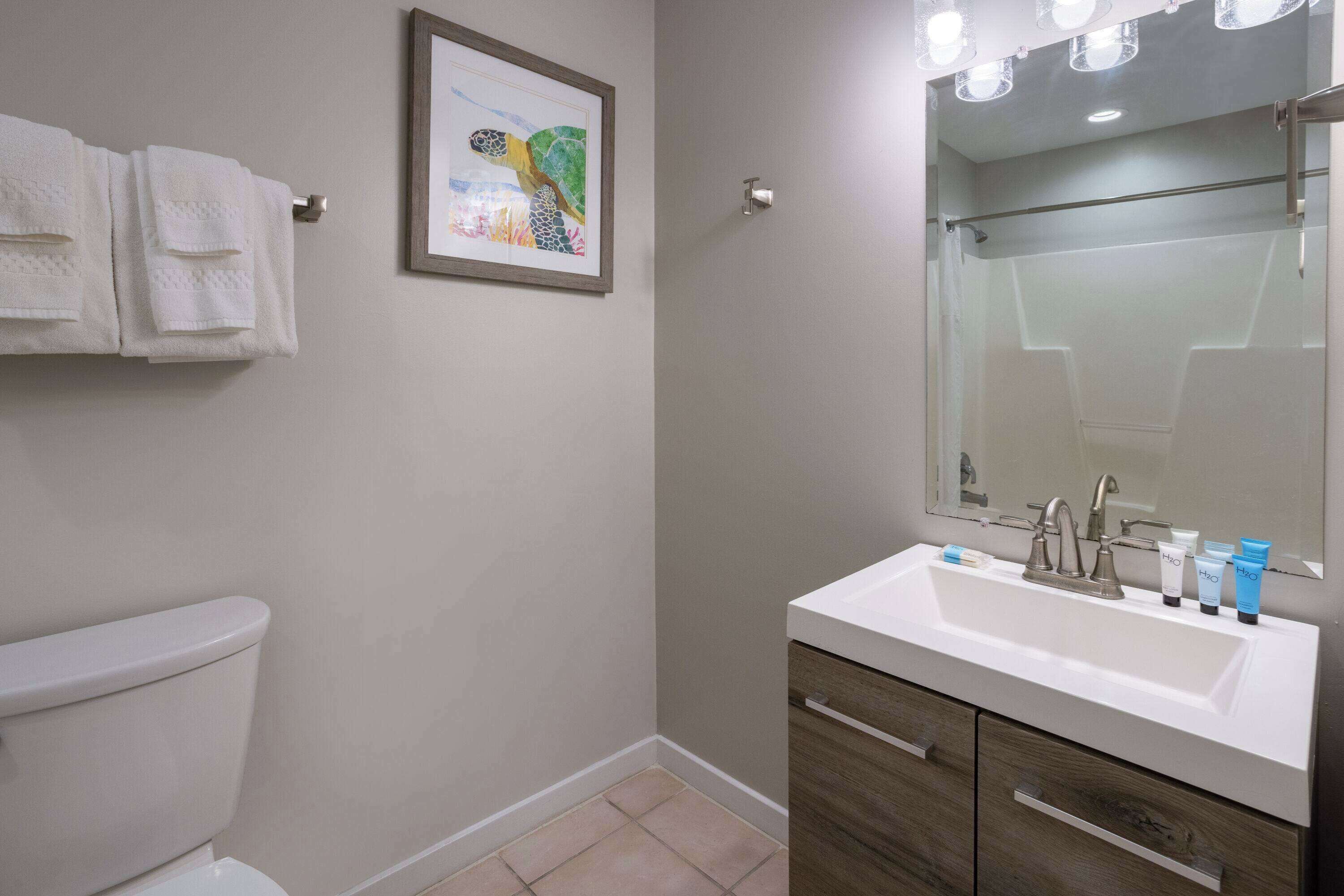 A bathroom with a toilet, a sink with toiletries, a framed artwork, and a shower area.