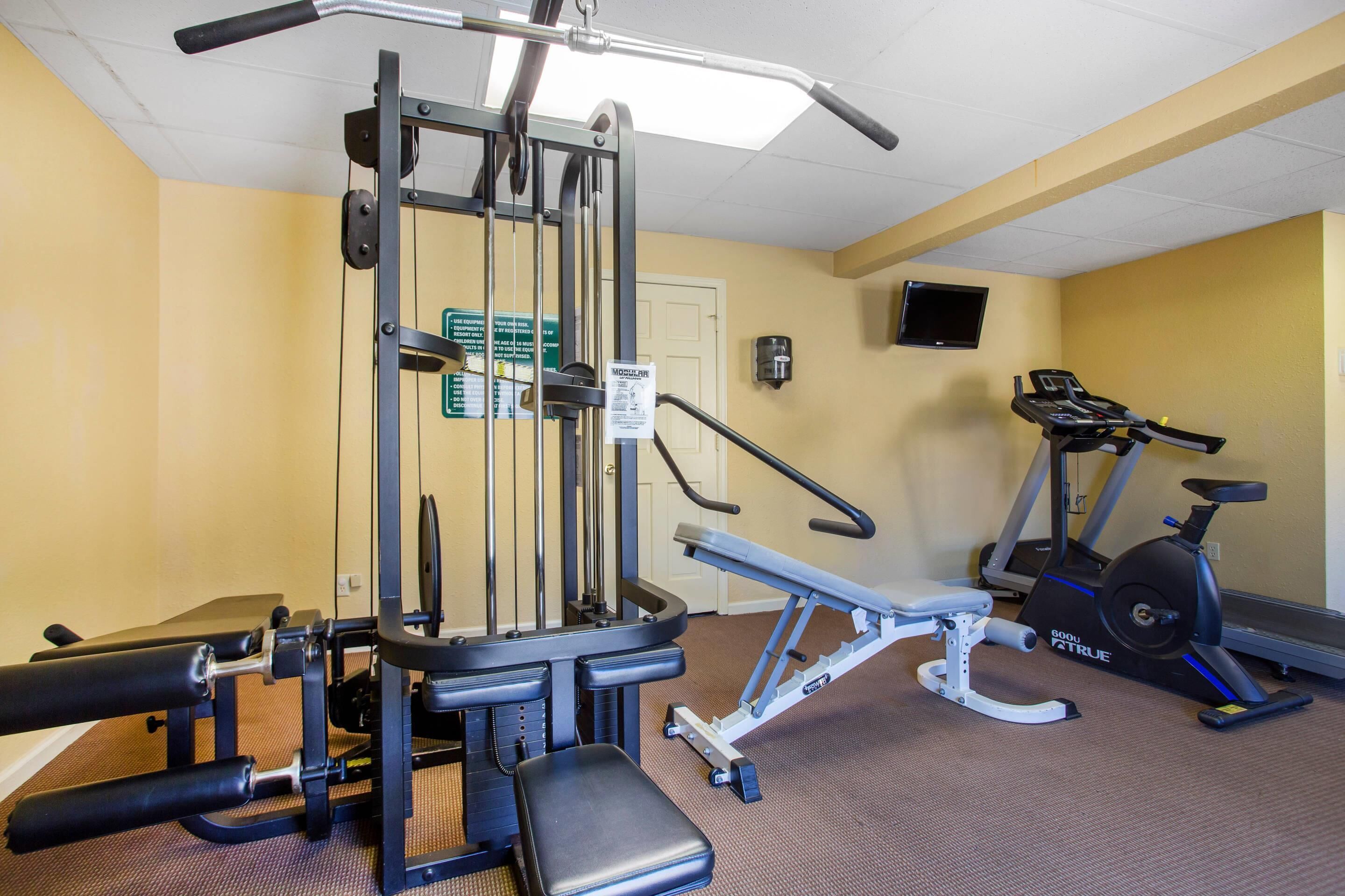 Une salle de sport équipée d’un support à squats, d’un banc de développé couché et d’appareils de cardio.