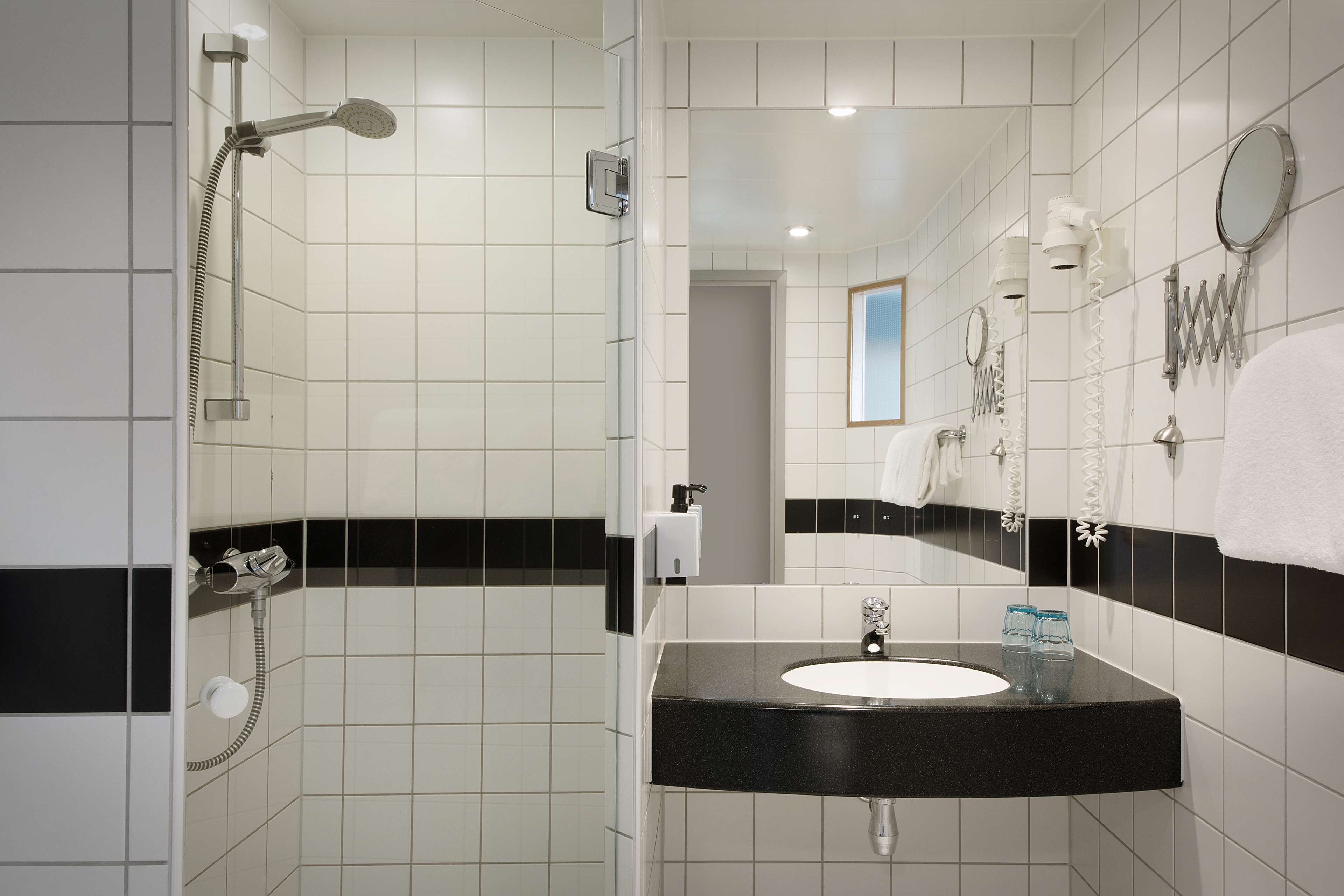 hair dryer, towels, soap, shampoo