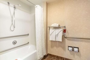 Combined shower/tub, free toiletries, hair dryer, towels