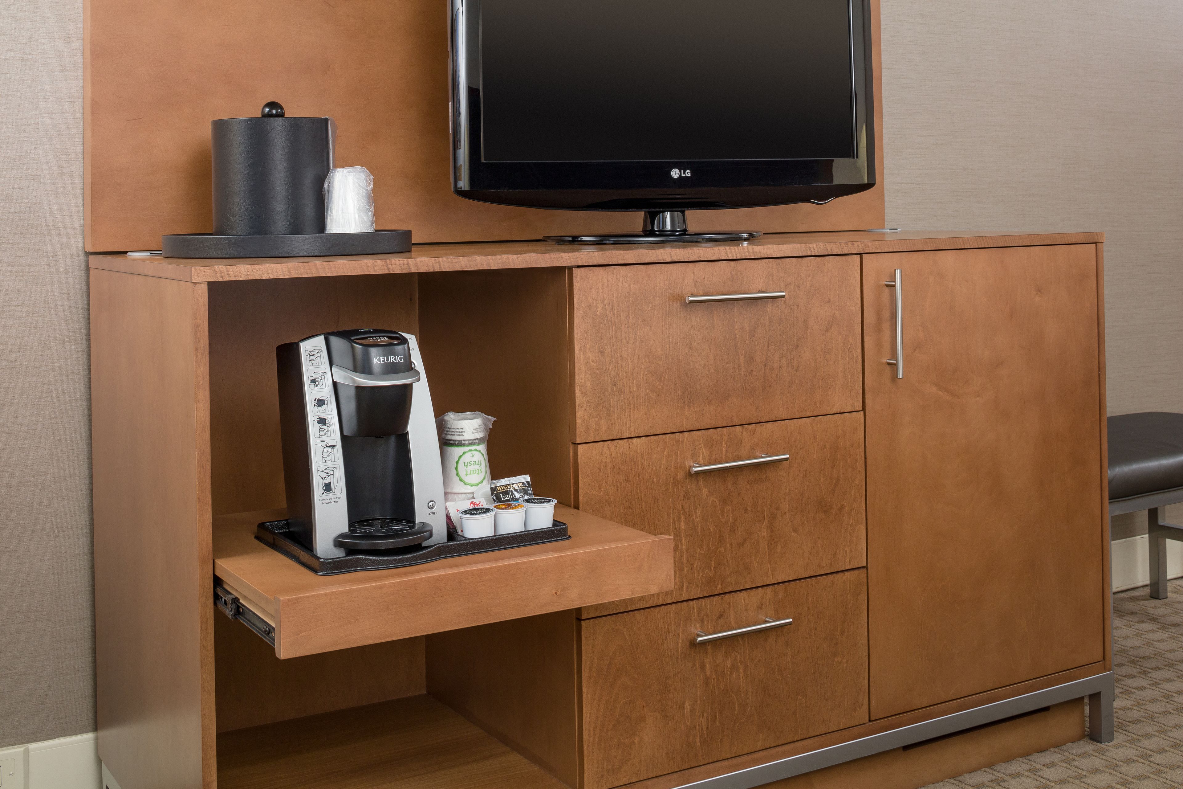 desk, laptop workspace, blackout curtains, iron/ironing board