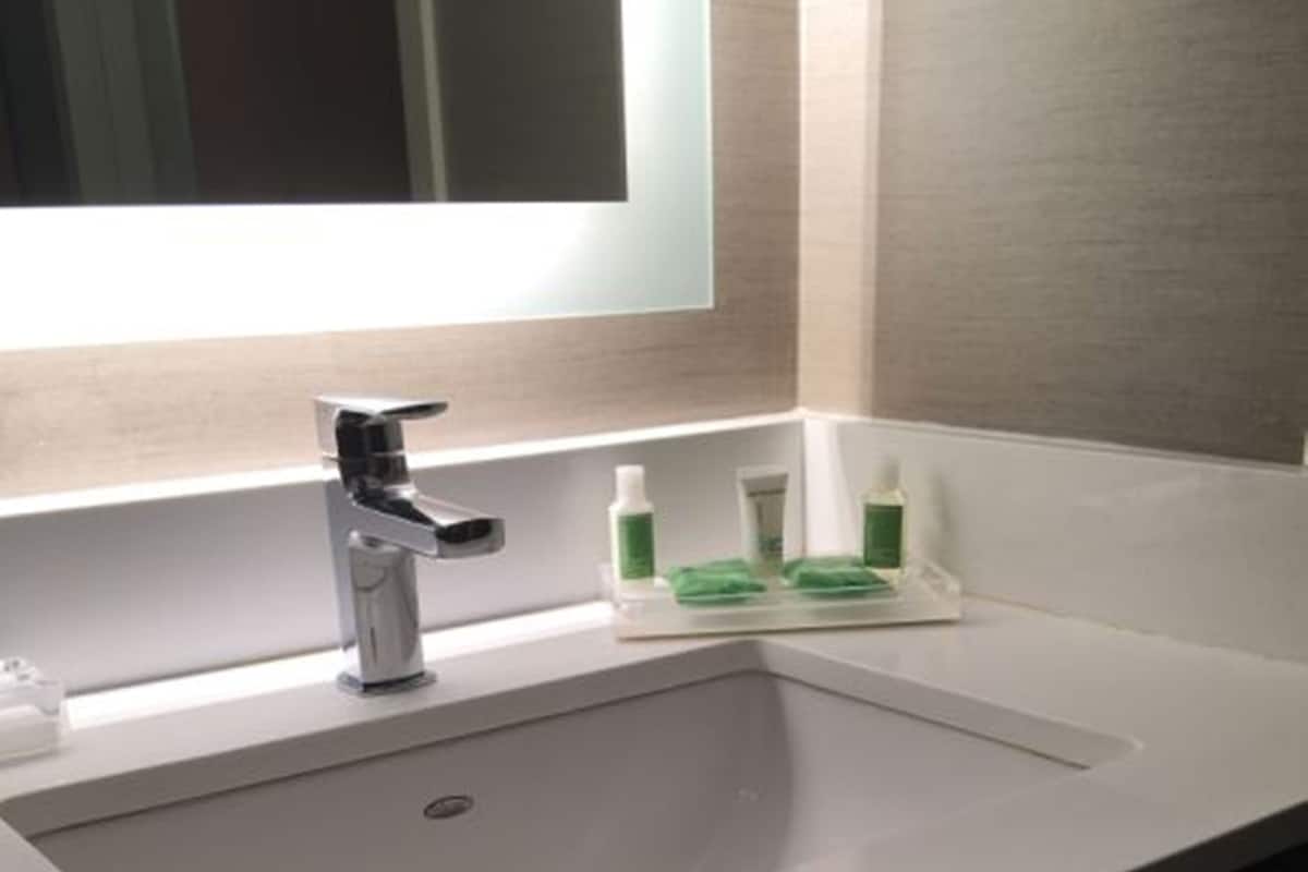 combined shower/bathtub, free toiletries, hair dryer, towels