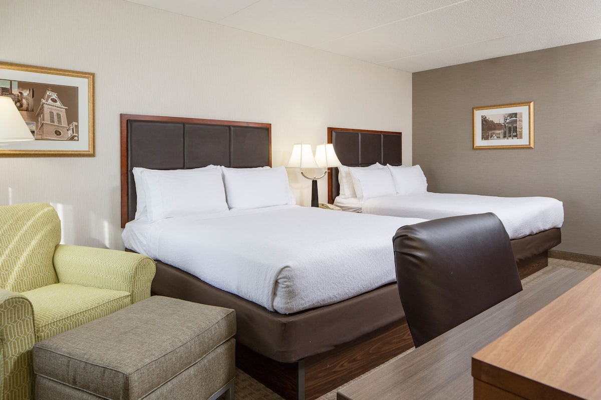 desk, laptop workspace, blackout curtains, iron/ironing board