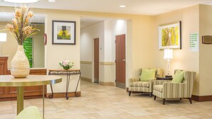 A hotel lobby with a reception desk, a vase with flowers, two striped armchairs, a table with a lamp, and a framed picture on the wall. - Holiday Inn Manchester Airport by IHG (Manchester)
