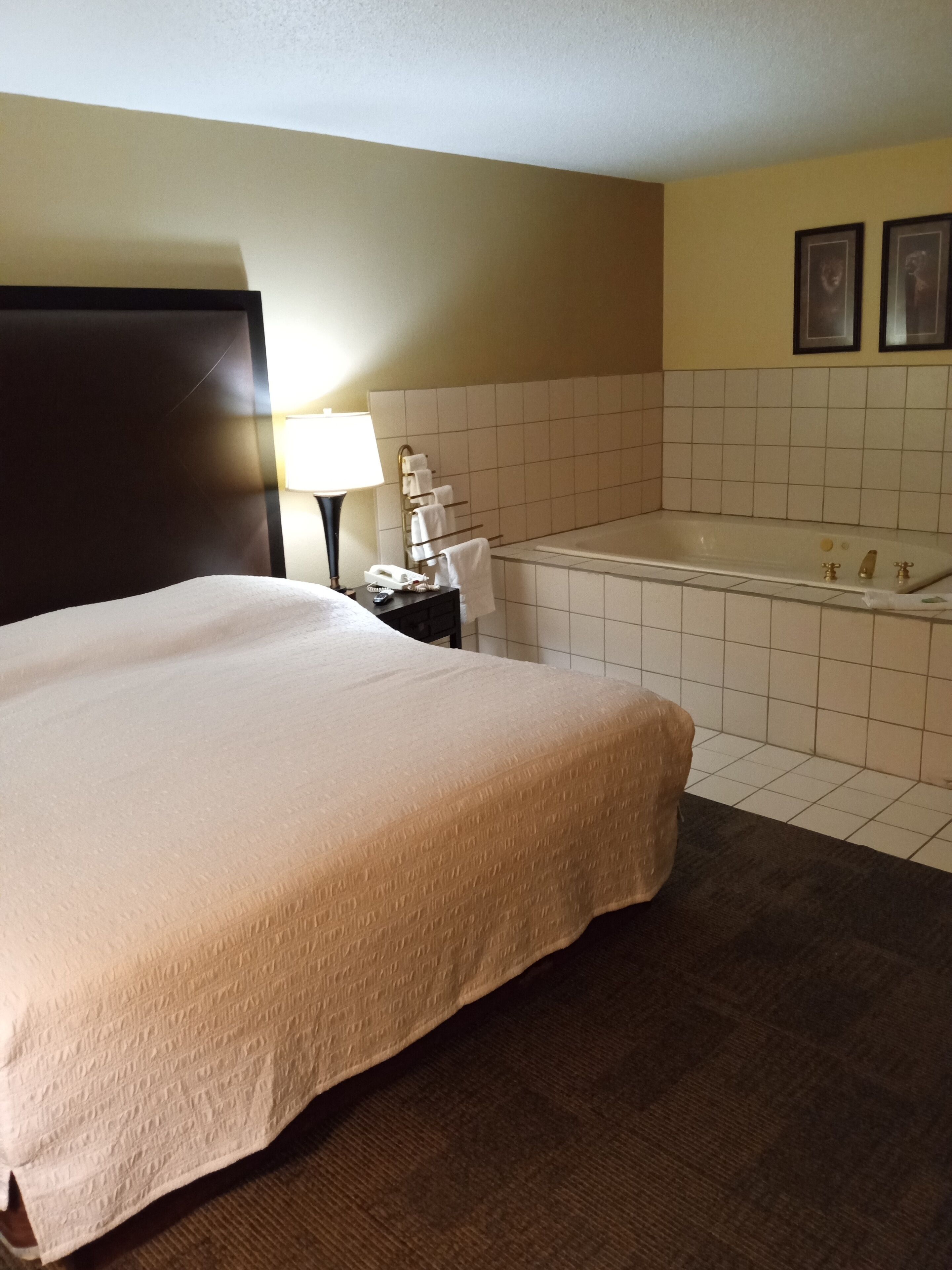 Une chambre d’hôtel avec un grand lit, une table de chevet avec une lampe, une salle de bain avec une baignoire et deux tableaux encadrés au mur.
