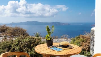 A wooden table with a potted plant, a hat, and sunglasses on it, overlooking a scenic view of the sea and distant mountains.