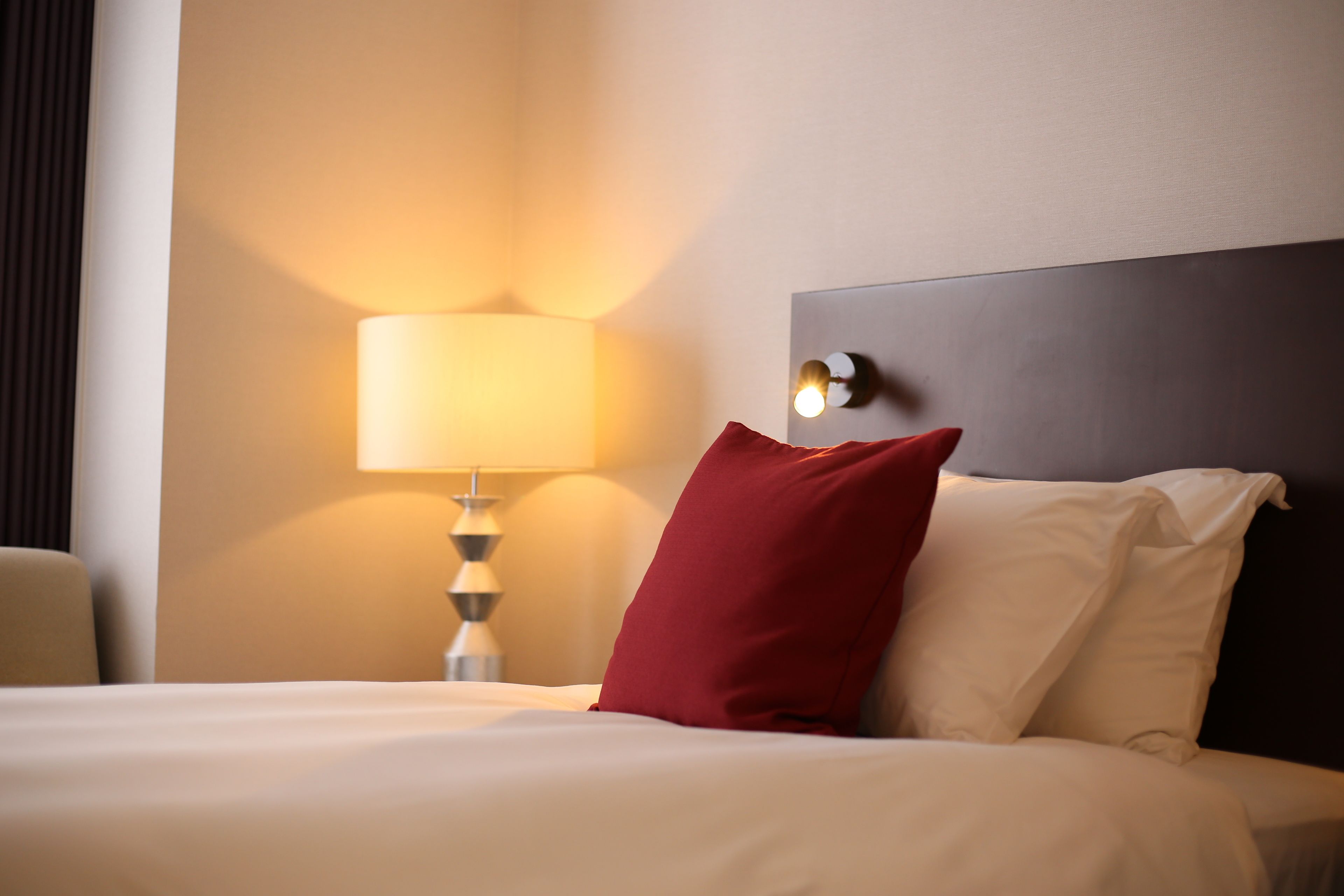 A hotel room with a bed, a nightstand with a lamp, and a red pillow.