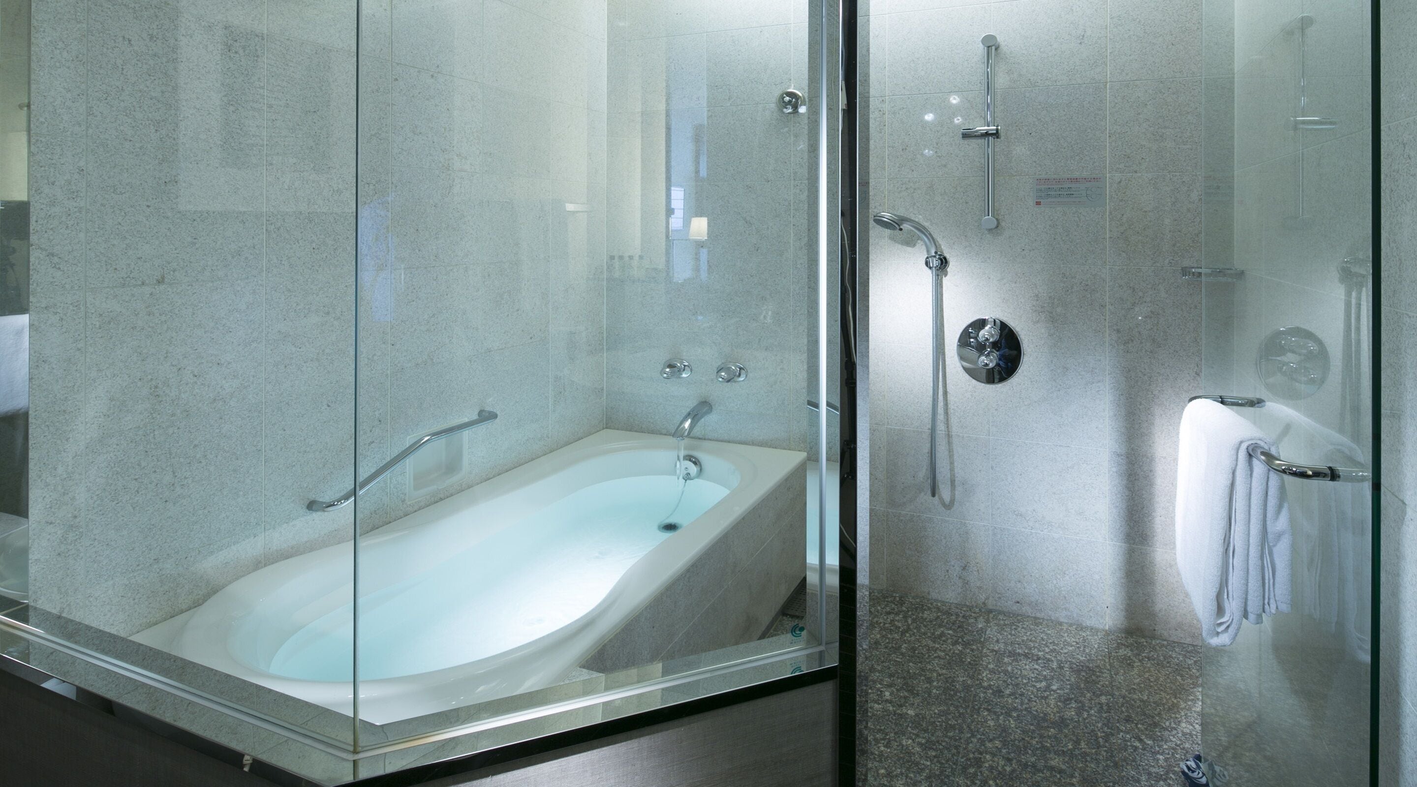 Un baño moderno con una bañera acristalada, una zona de ducha independiente con puerta de cristal y un perchero para toallas.