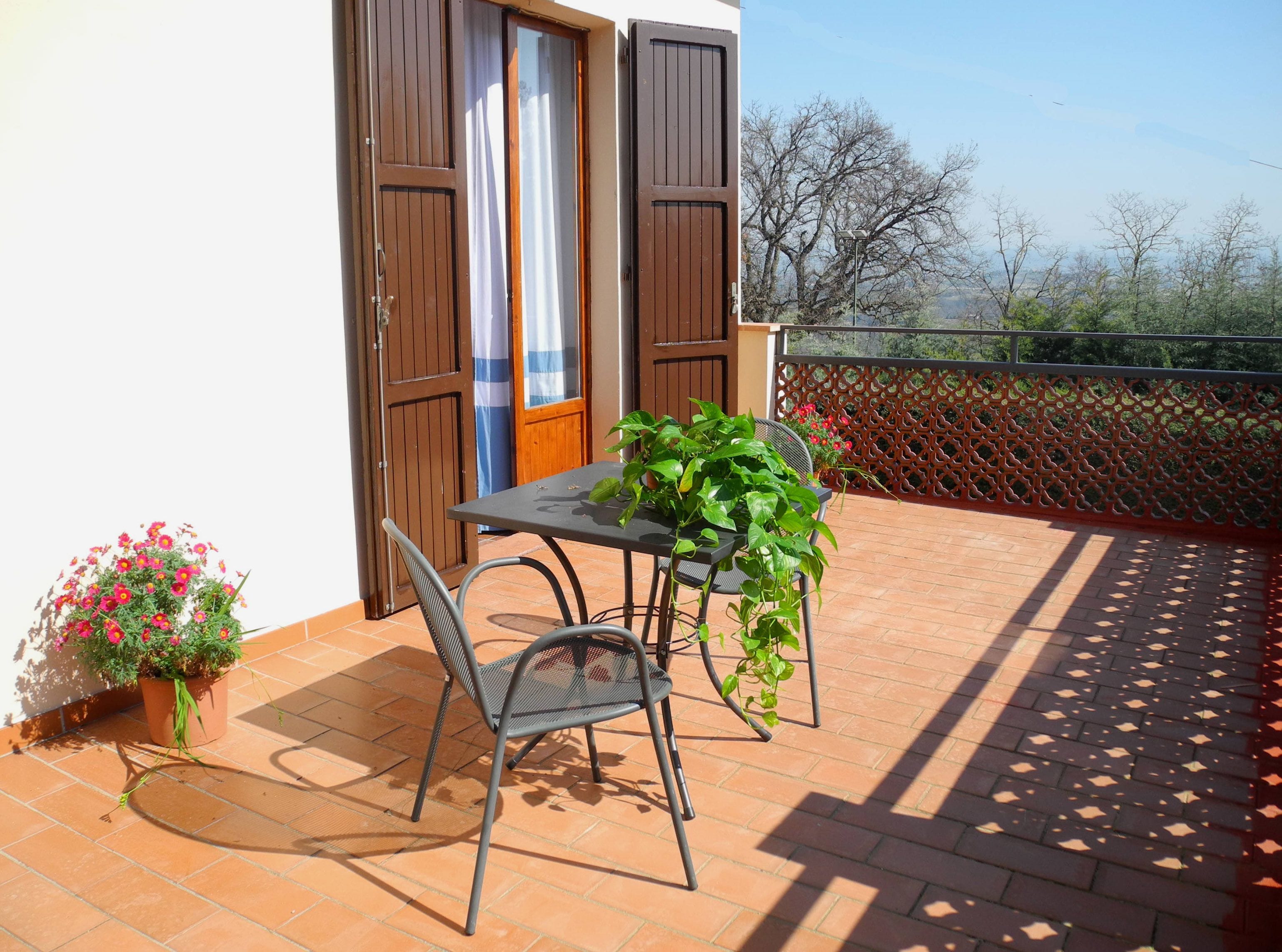 Un patio con tavolo e sedie, una pianta in vaso e vista su alberi e una recinzione.