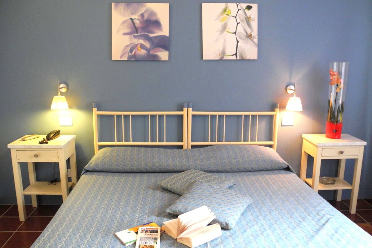 A bedroom with a bed, two bedside tables, a nightstand, a lamp, and two wall-mounted paintings.