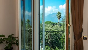 Una habitación con puerta de vidrio corrediza que da a un balcón con vistas a una montaña y vegetación.