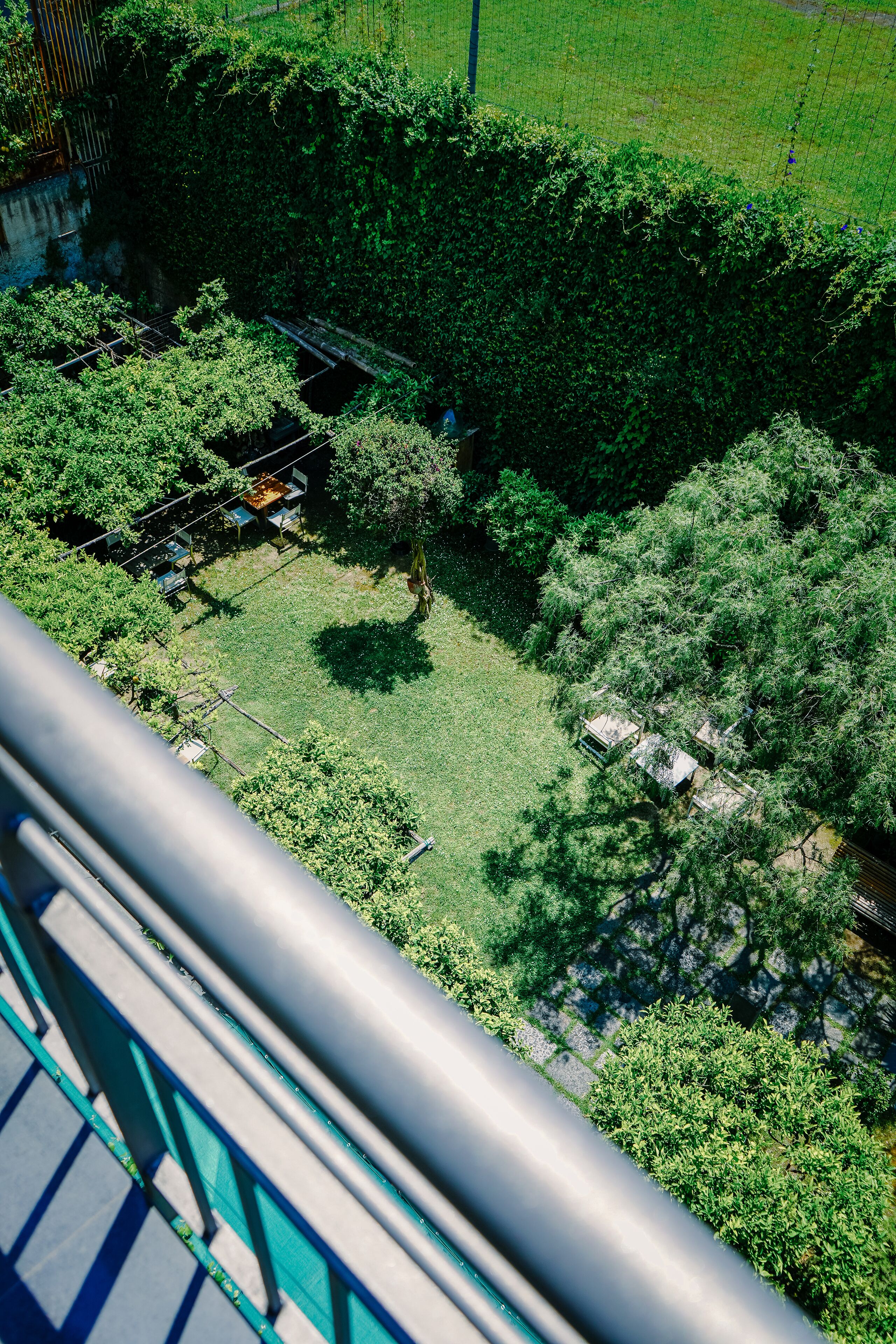 Vista aérea de un patio con árboles, césped y una cerca de metal.