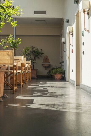 Un pasillo con sillas de madera, plantas en macetas y una lámpara fijada a la pared.