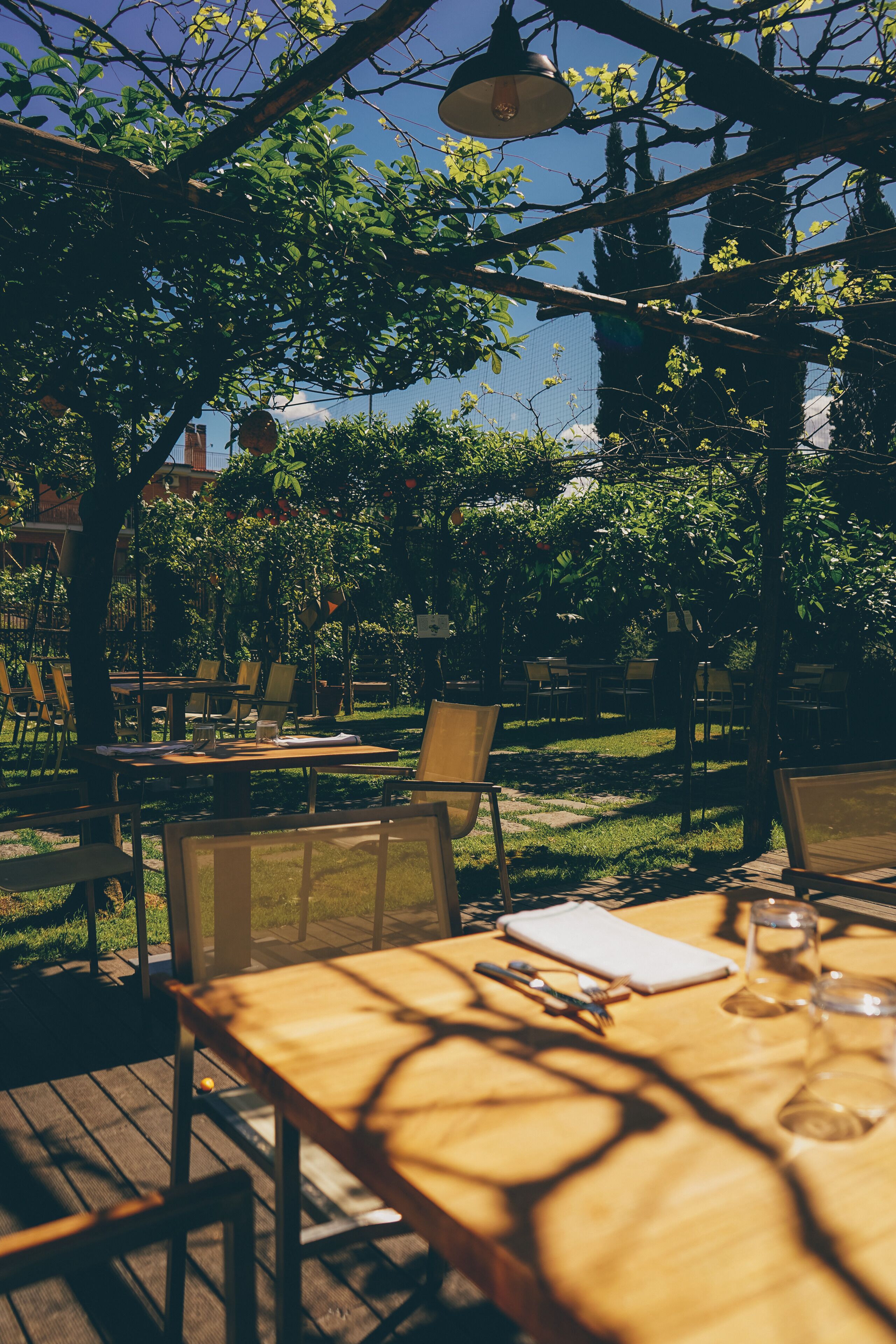 An outdoor dining area with tables and chairs, surrounded by trees and a clear sky.
