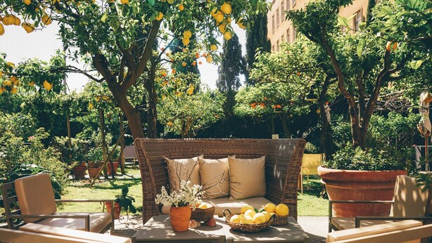 Un espacio al aire libre con mobiliario de mimbre, un banco acolchado y plantas en macetas.