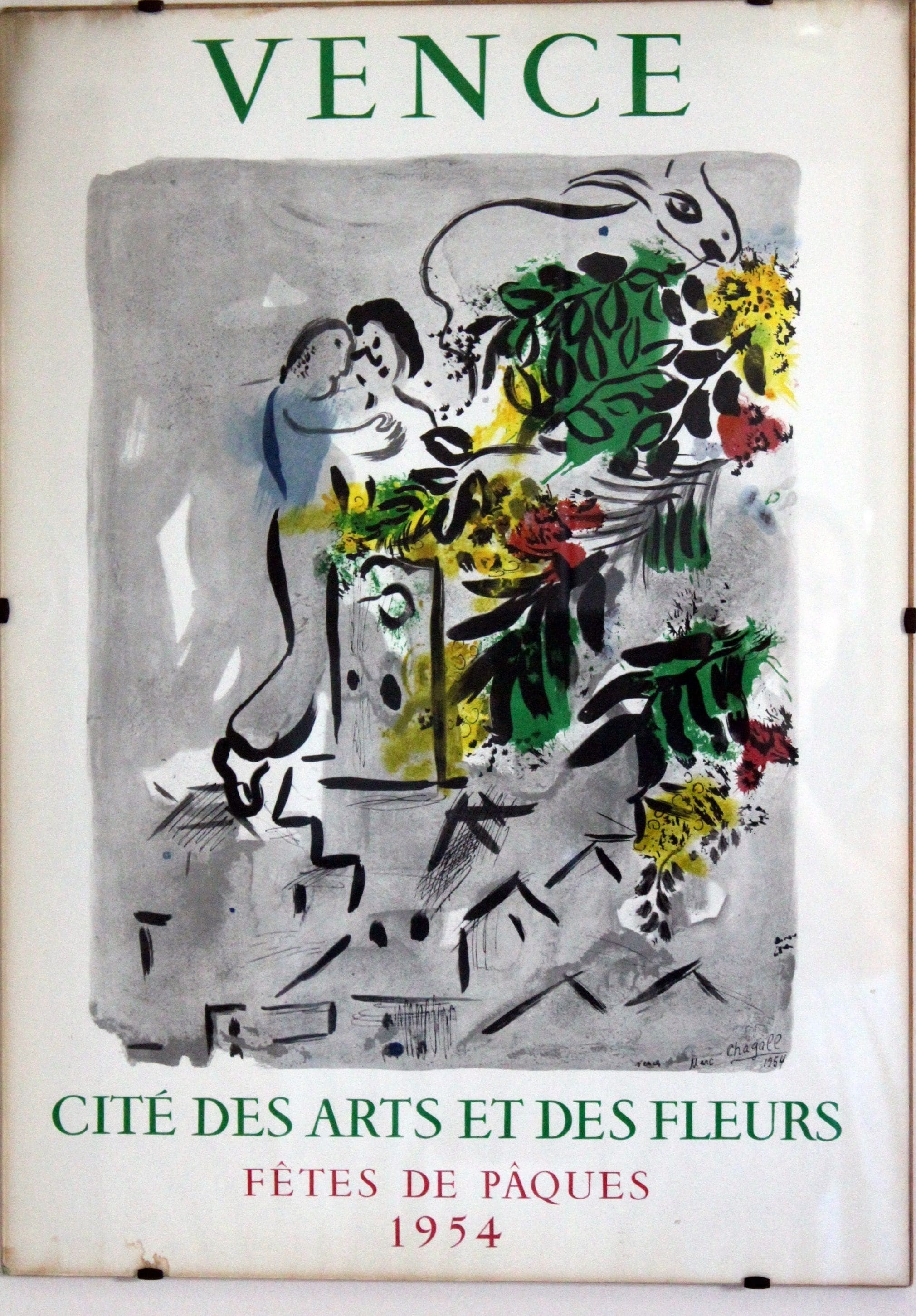 Une affiche ancienne présentant des motifs floraux et des figures humaines de style abstrait, un texte en français et la date « 1954 ».