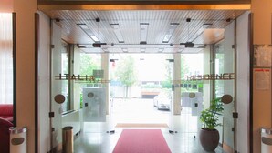 A hotel entrance with a red carpet, glass doors, and a potted plant. - Albergo Residence Italia (Pordenone)