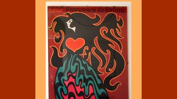 A framed artwork of a woman with flowing hair and a heart, titled "Francesca da Rimini" by Teatr Wielki.