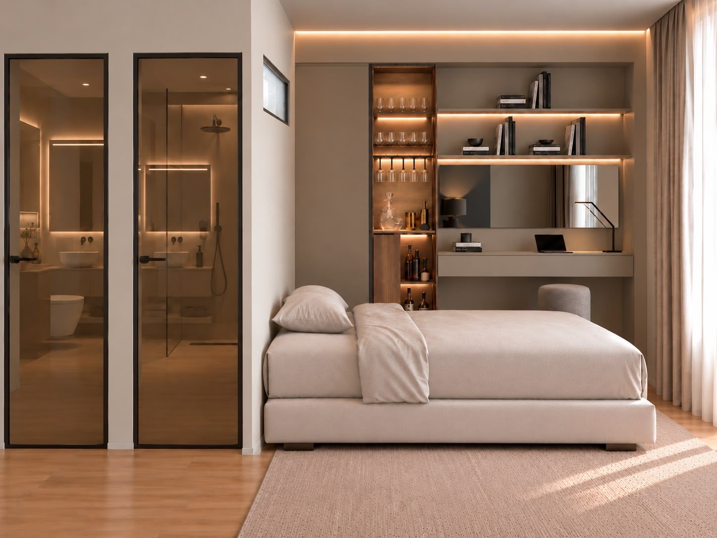 Ein modernes Schlafzimmer mit einem Bett, einem integrierten Schreibtisch und einer Regaleinrichtung mit Büchern und Dekorationsobjekten.