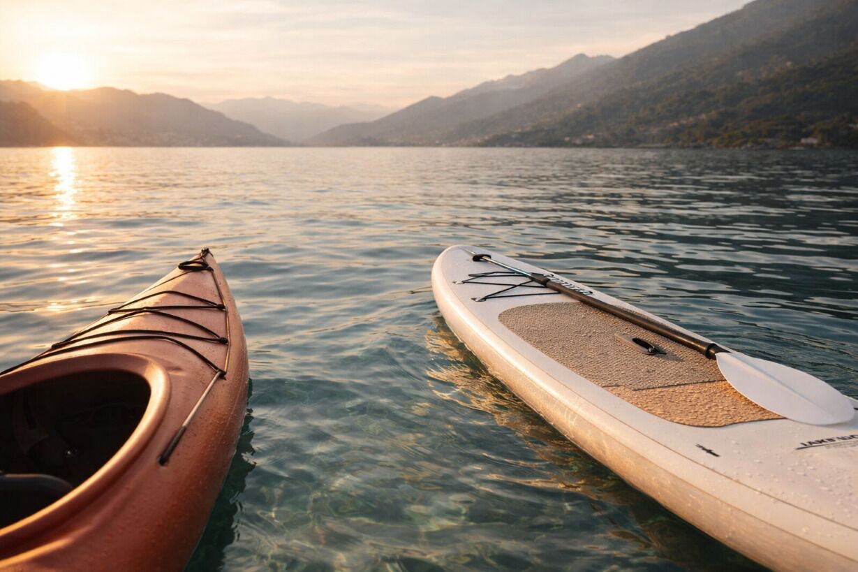 Een kajak en paddleboard op kalm water, met bergen op de achtergrond.