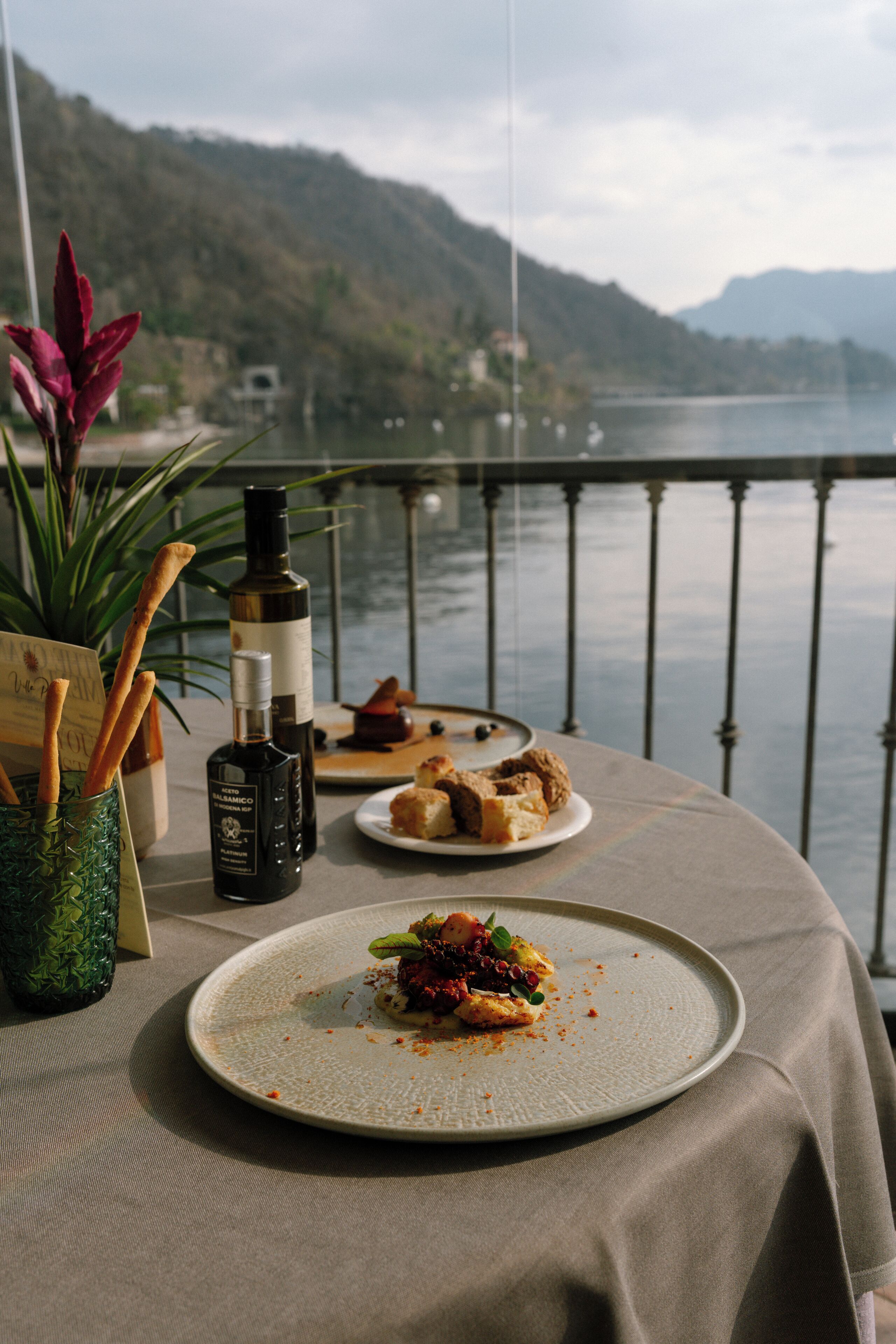 A table with a plate of food, a bottle of wine, and a plant on a balcony overlooking a lake.