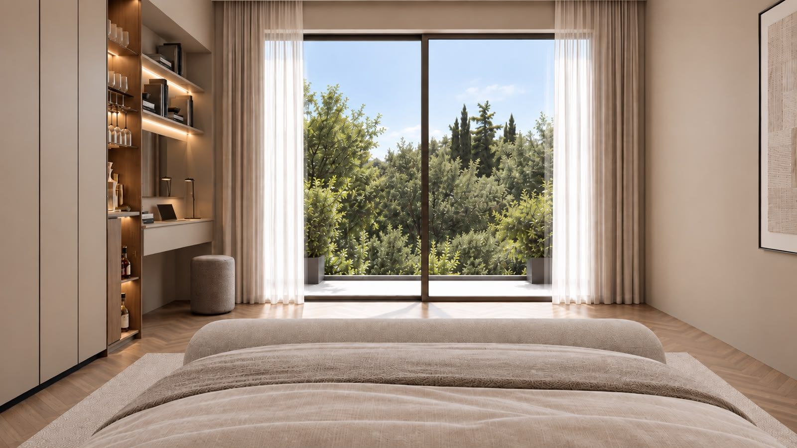 A bedroom with a large bed, a built-in wardrobe, a bedside table, and a view of a lush garden through a sliding glass door.