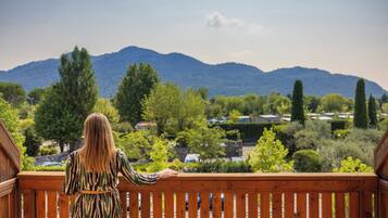 A person standing on a wooden deck overlooking a mountainous landscape with trees and houses.