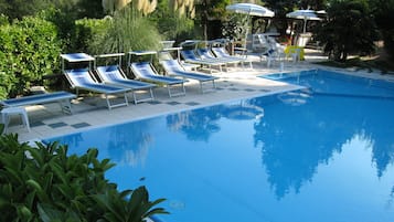 Seasonal outdoor pool, pool umbrellas, pool loungers