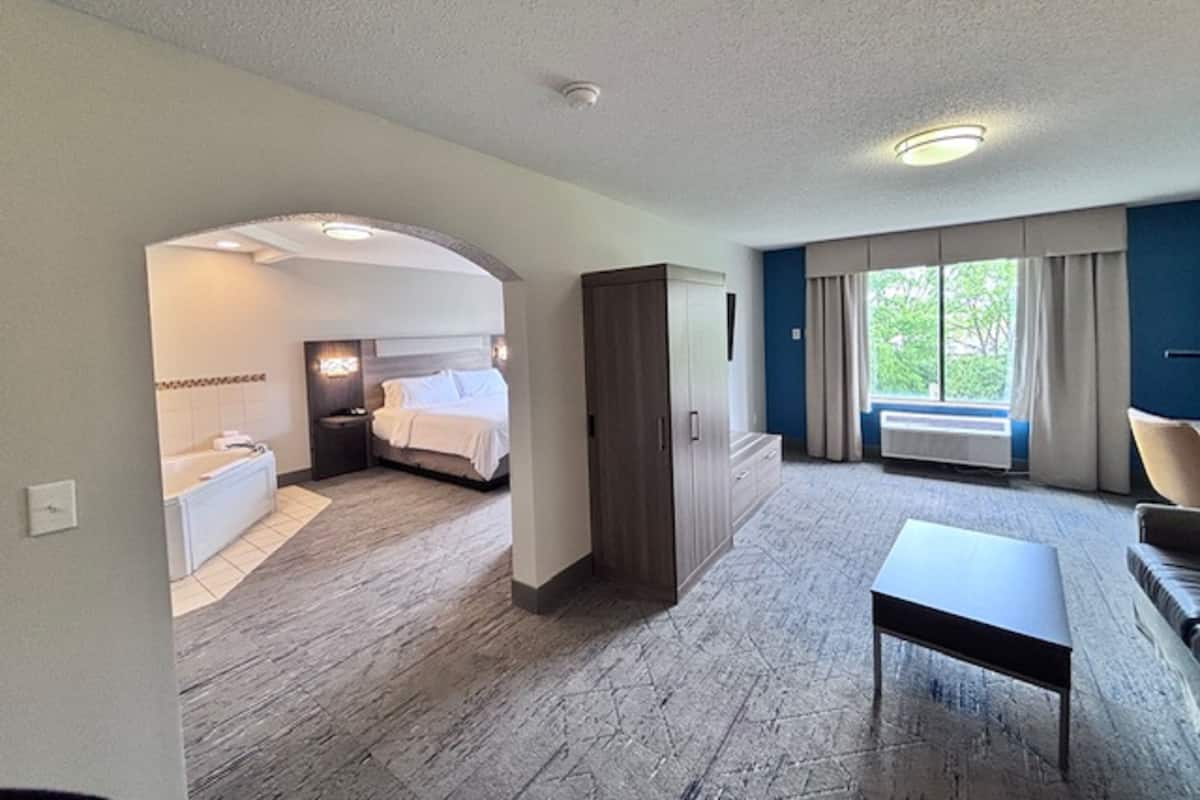 Habitación de hotel con cama, escritorio, armario, ventana con cortinas y vistas a zonas verdes.