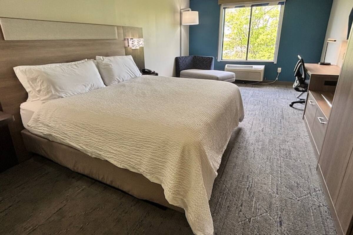 Habitación de hotel con una cama grande, un escritorio, una silla, un ventanal con vistas y un calentador.