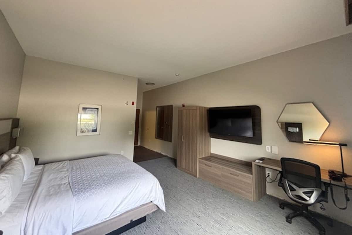 Habitación de hotel con una cama, un escritorio con silla, un televisor montado en la pared y un armario.