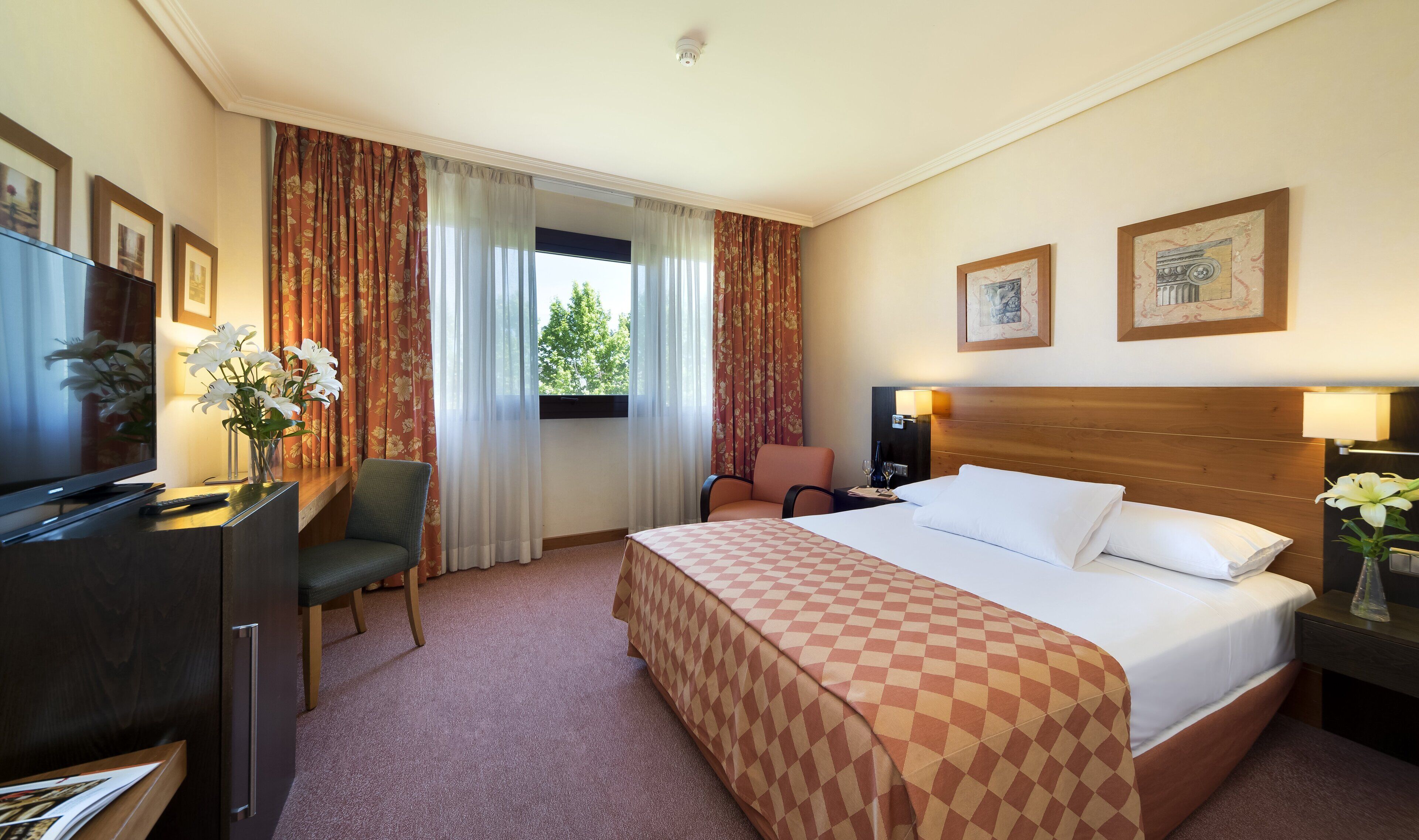 A hotel room with a bed, a desk with a TV, a chair, a window with curtains, and two framed pictures on the wall.