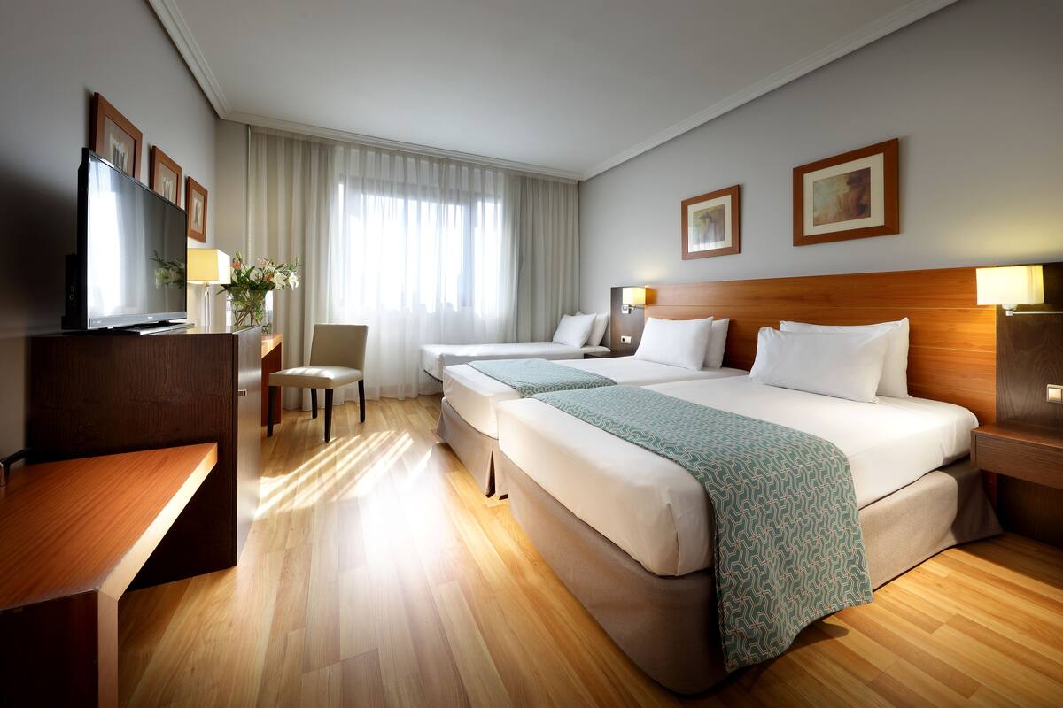 Ein Hotelzimmer mit zwei Betten, einem Schreibtisch, einem Fernseher und einem fenster mit Vorhängen.