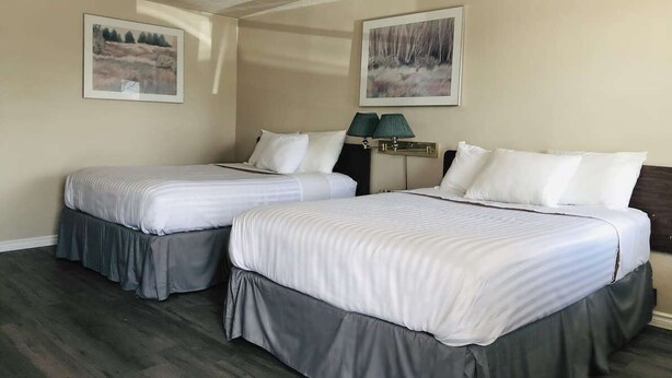 Une chambre d’hôtel avec deux lits, une table de chevet avec une lampe et deux tableaux encadrés au mur.