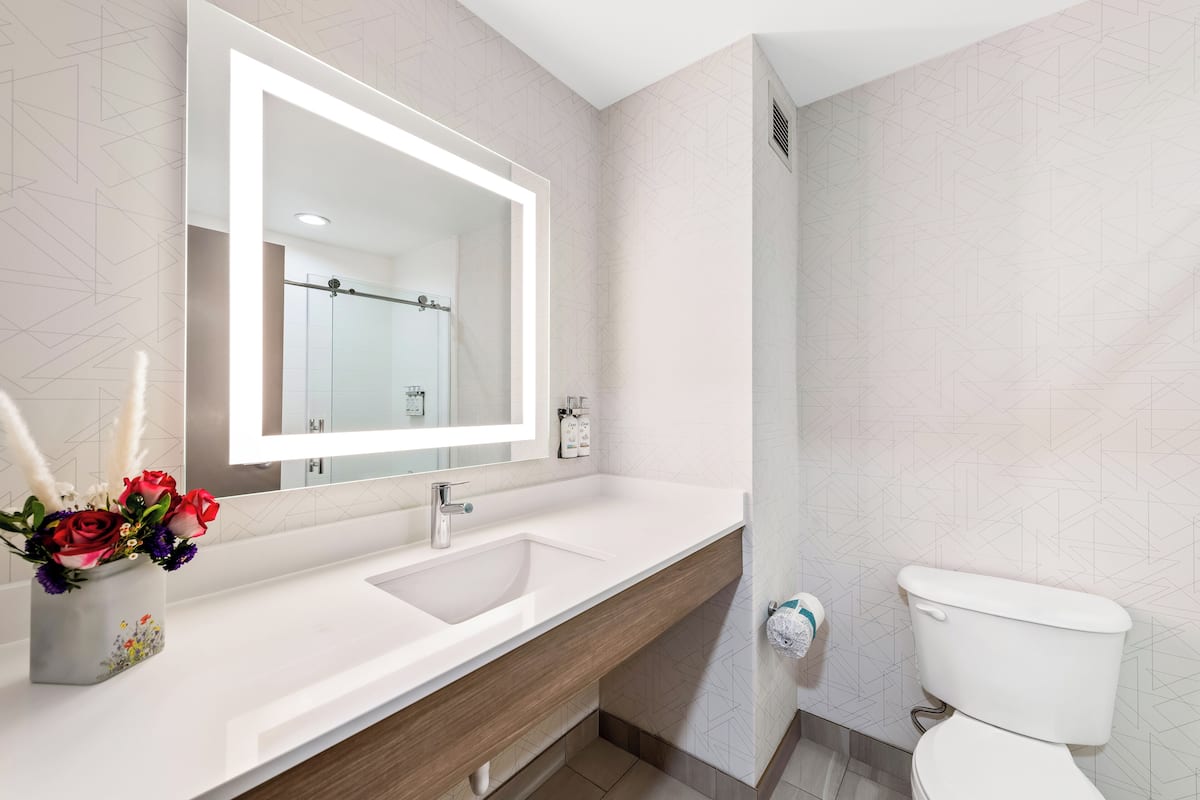 combined shower/bathtub, hydromassage showerhead, free toiletries