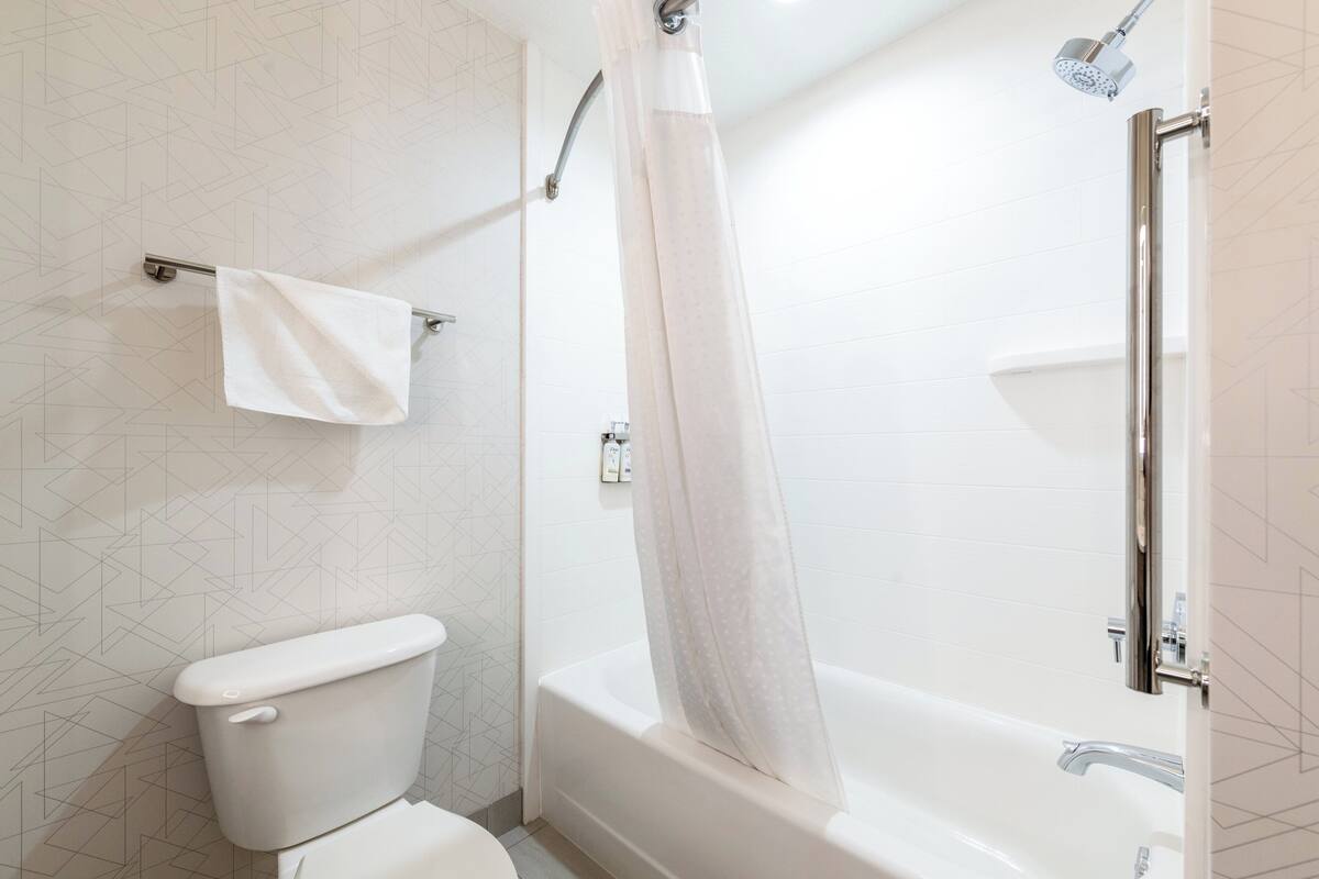 A bathroom with a toilet, a shower with a curtain, and a bathtub.