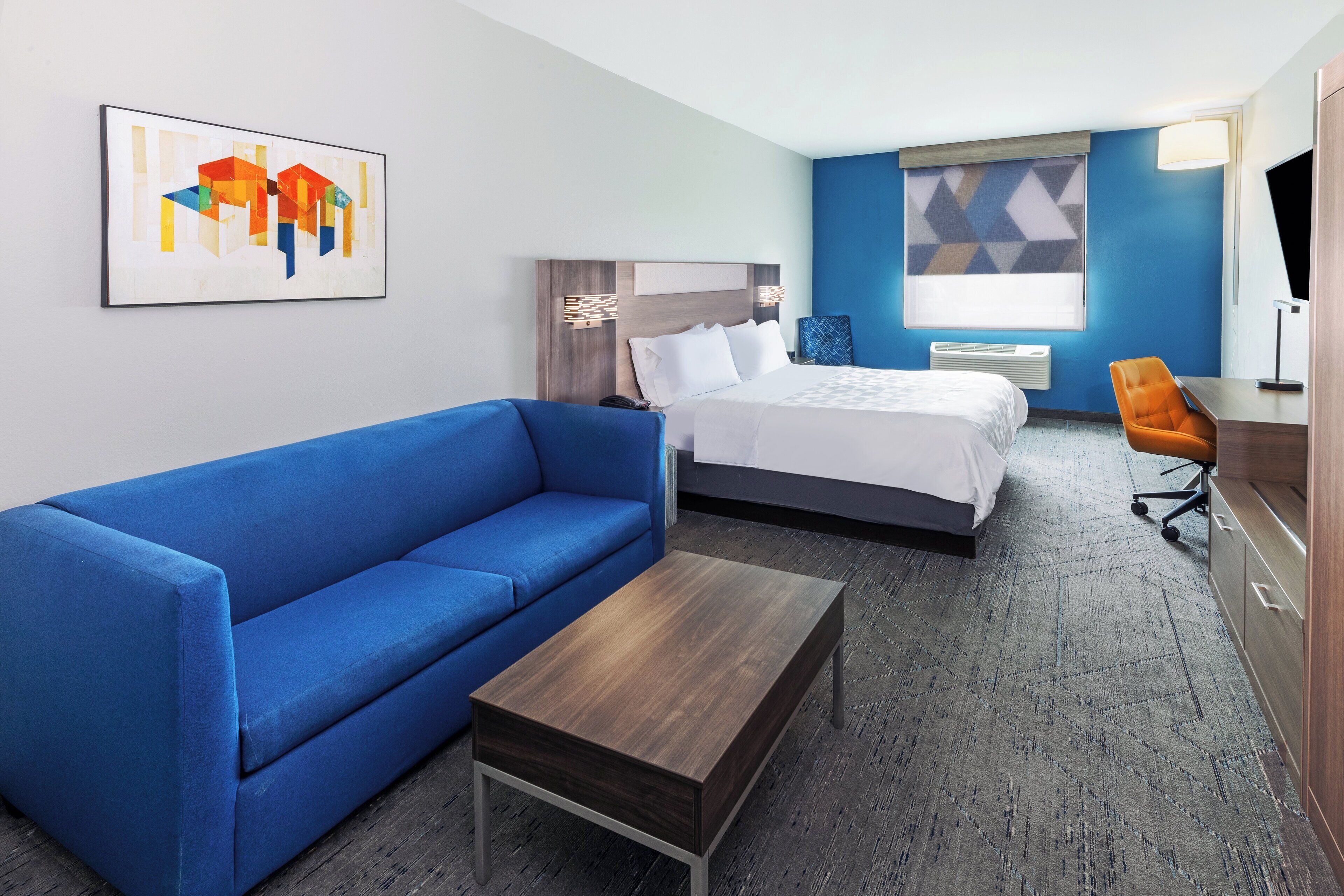 down duvets, desk, blackout curtains, iron/ironing board