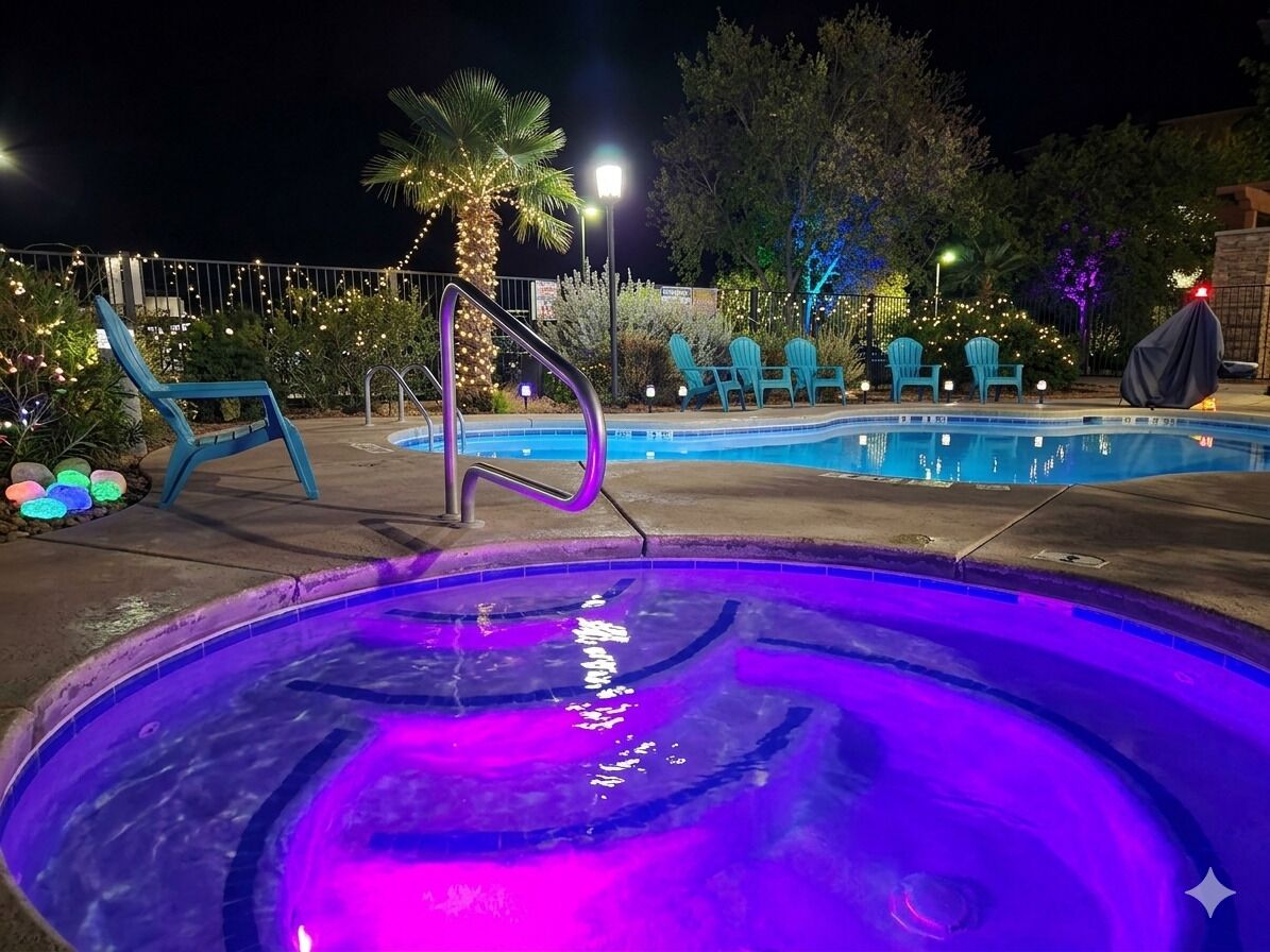 Outdoor pool, open 10:00 AM to 10:00 PM, pool umbrellas, pool loungers