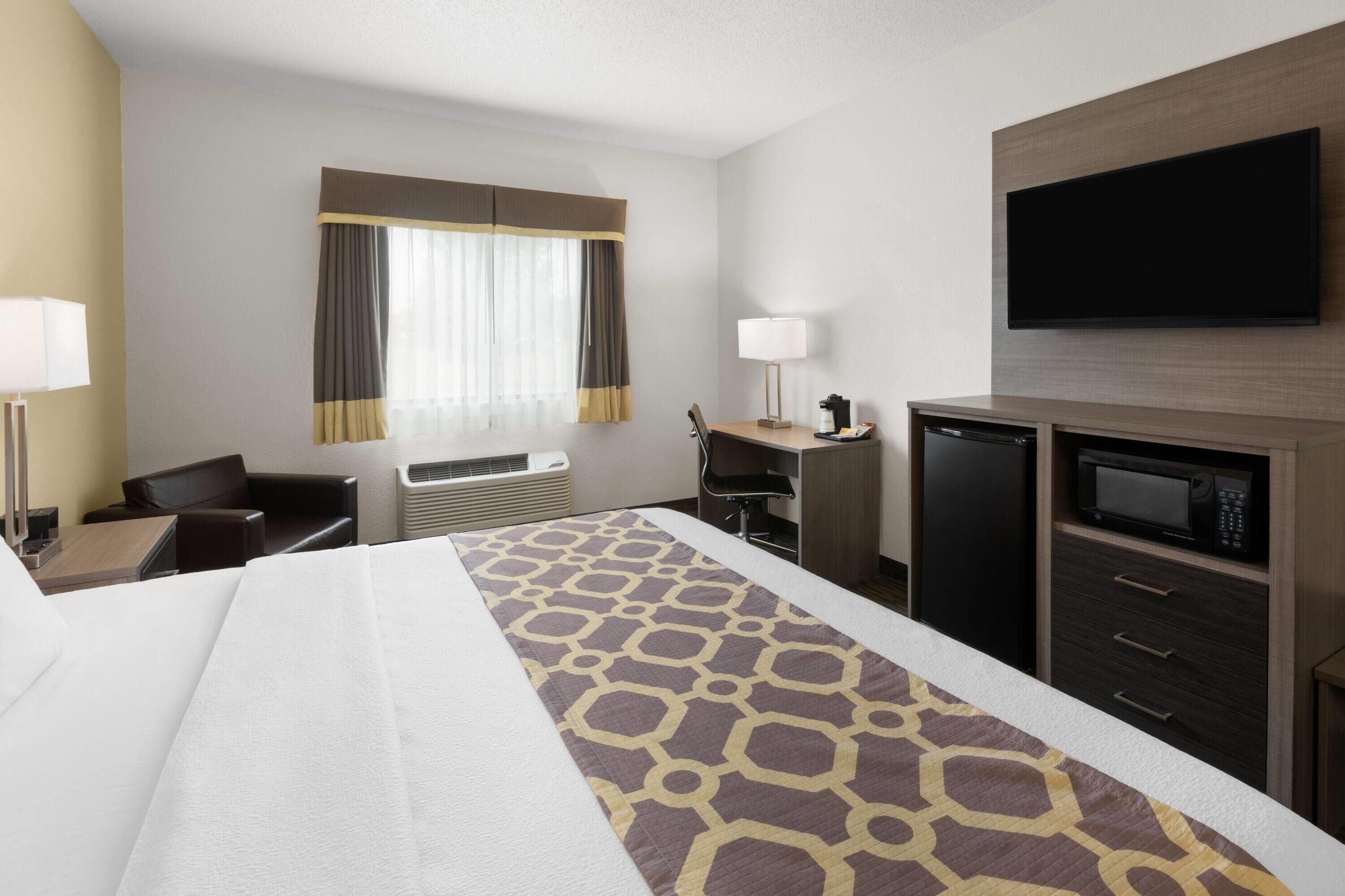 A hotel room with a bed, a desk, a chair, a television, a microwave, and a minibar.