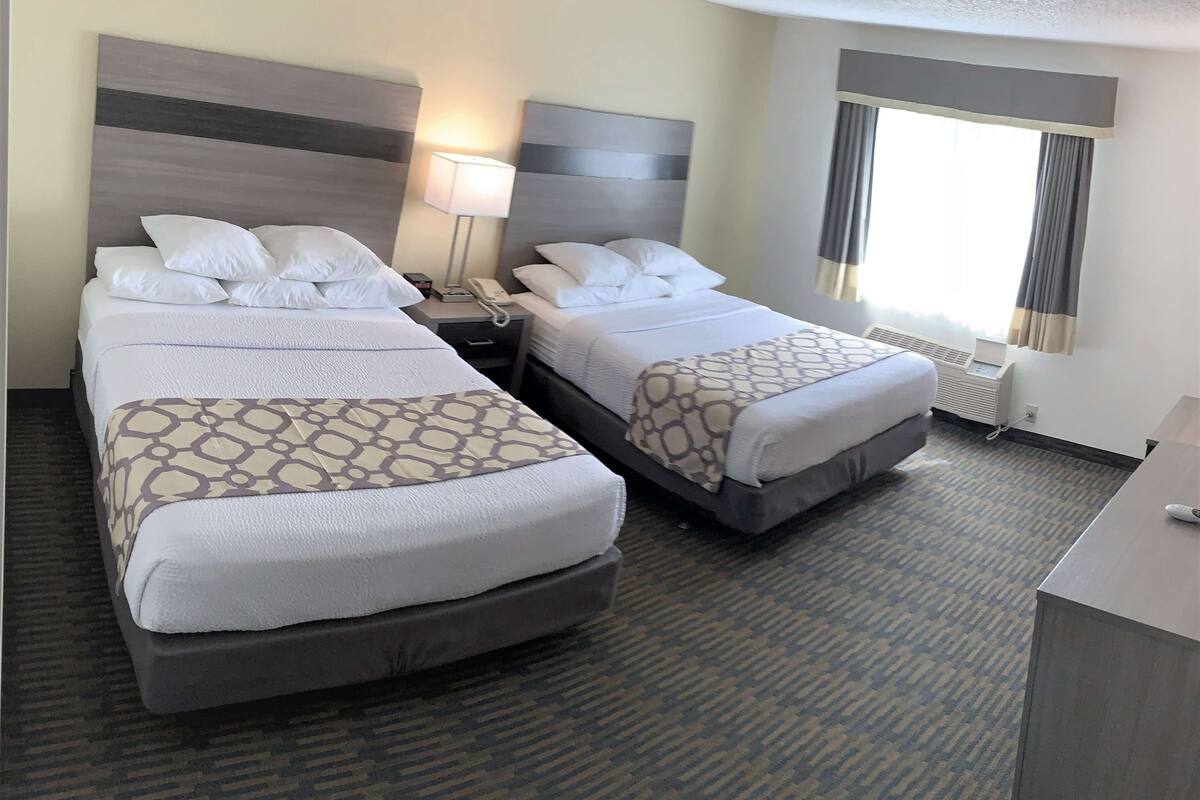 A hotel room with two beds, a bedside table with a lamp, a window with curtains, and a carpeted floor.