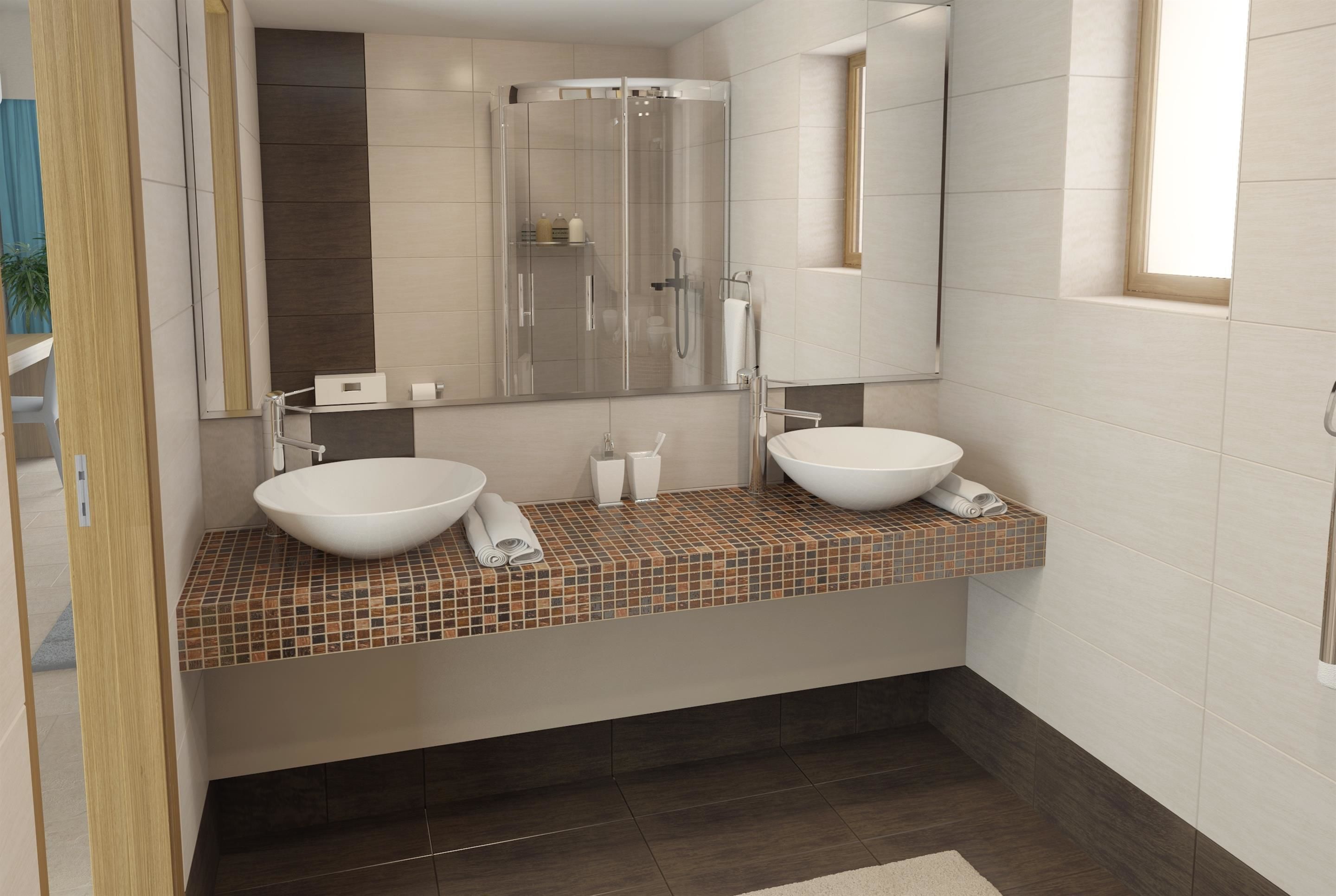 Un baño moderno con dos lavamanos, ducha y un espejo grande.