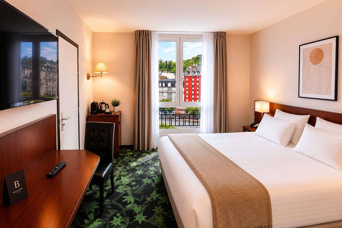A hotel room with a bed, a desk, a chair, a TV, a balcony with a view of buildings, and a door.