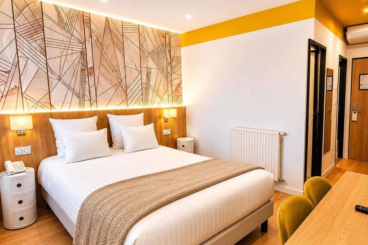 A modern hotel room with a large bed, bedside lamps, a wooden headboard, a bedside table with a phone, a radiator, and a wooden desk with a chair.
