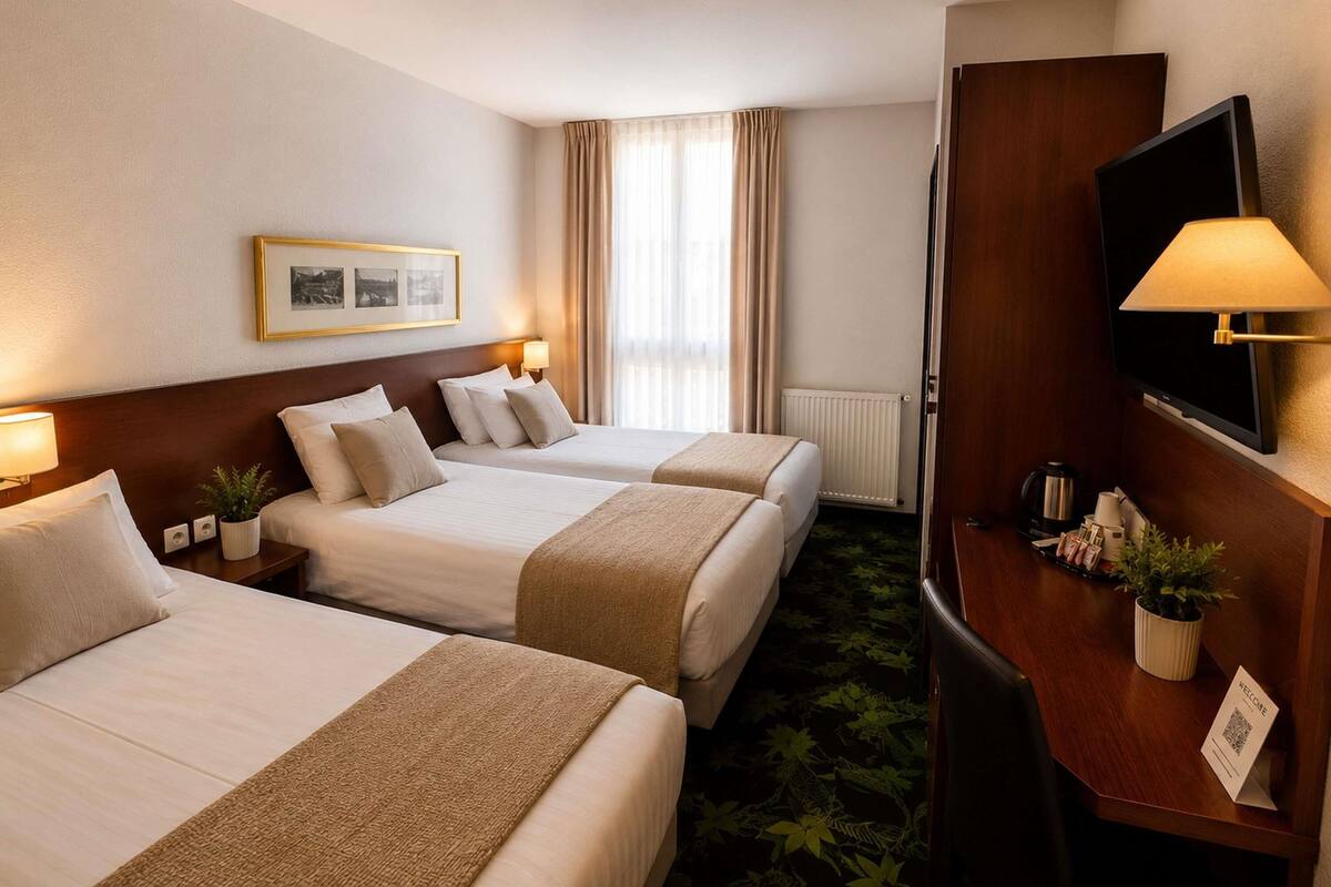 A hotel room with two beds, a TV, a desk with a lamp, a framed picture on the wall, and a window with curtains.