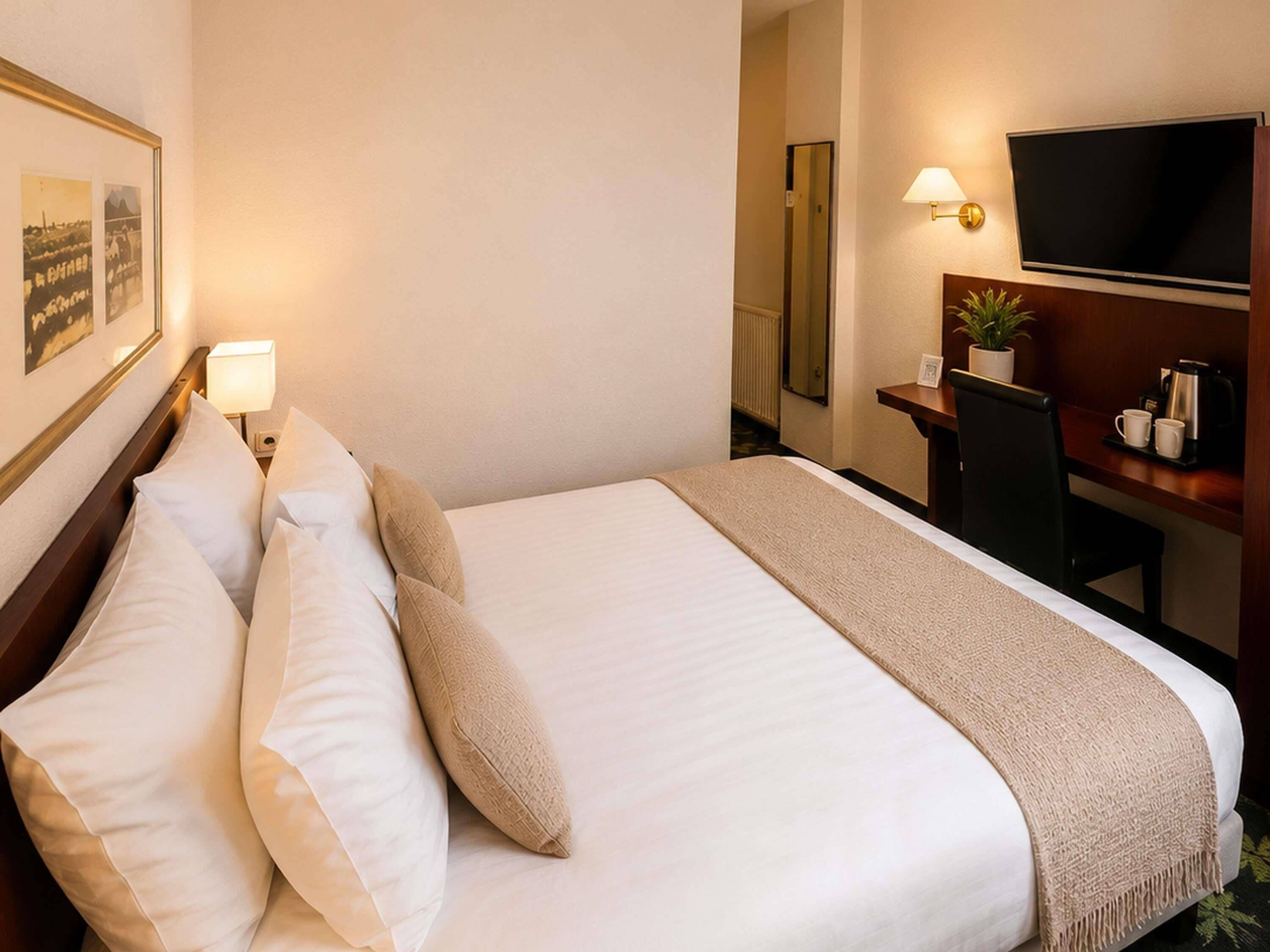 A hotel room with a bed, a desk, a television, and a mirror.