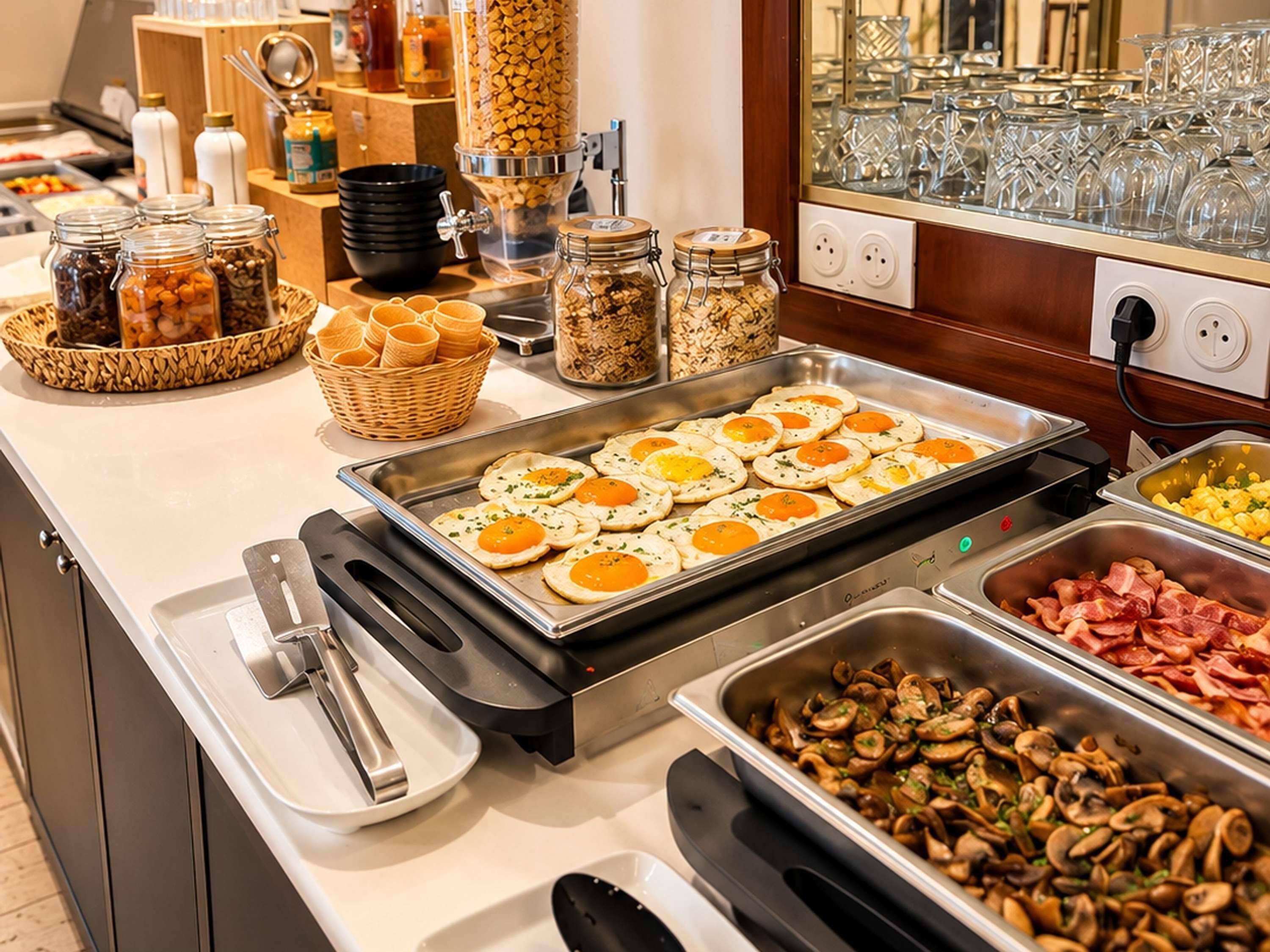 A buffet with various food options including eggs, mushrooms, and meats.